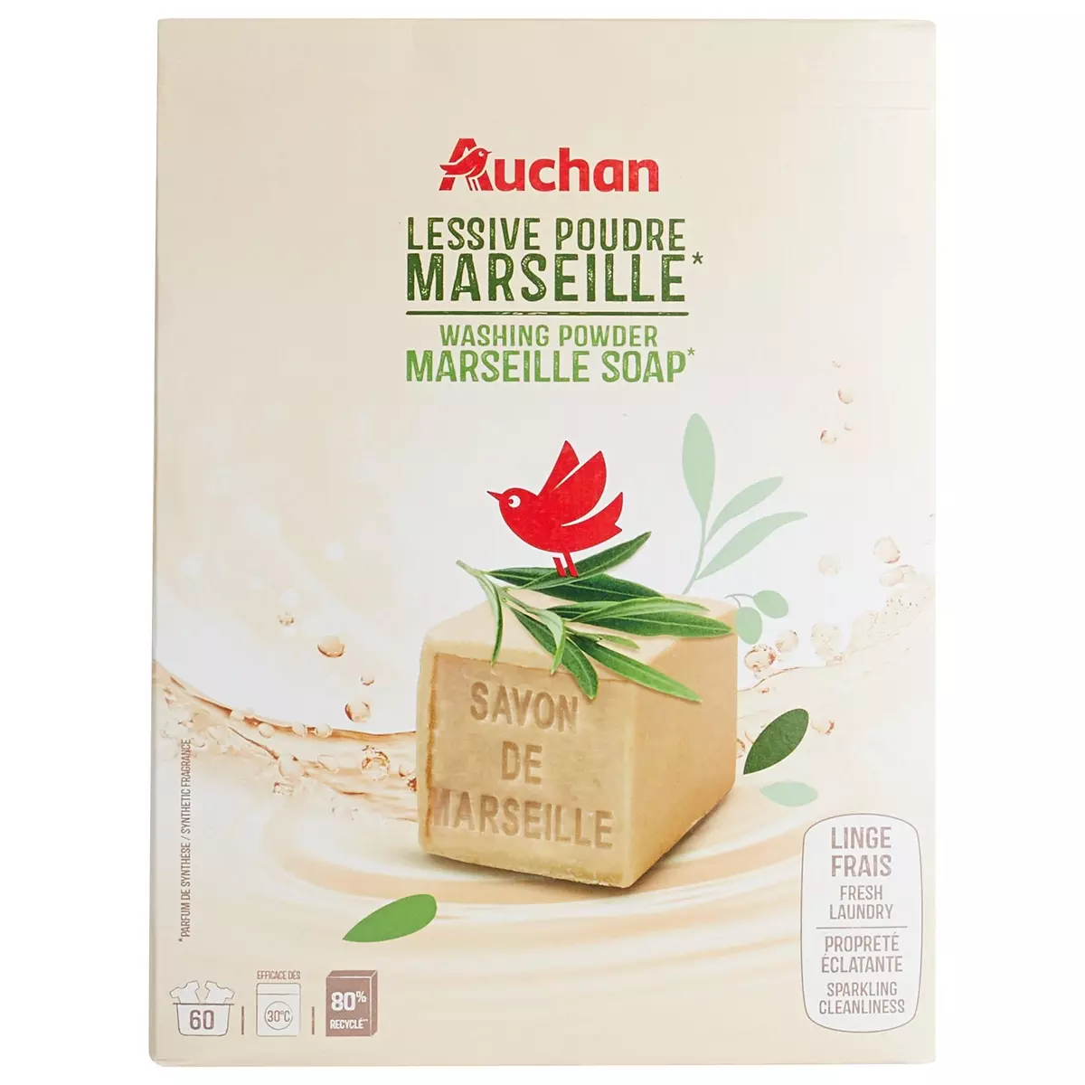 AUCHAN Lessive poudre savon de Marseille 60 lavages 3kg