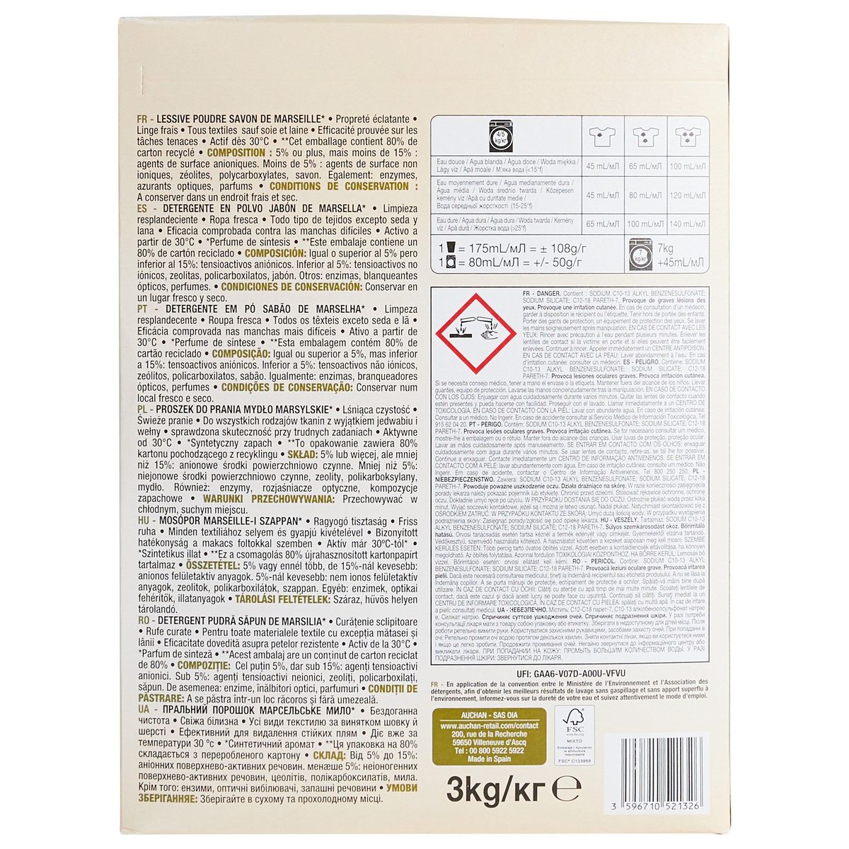 AUCHAN Lessive poudre Savon de Marseille 60 lavages 3kg