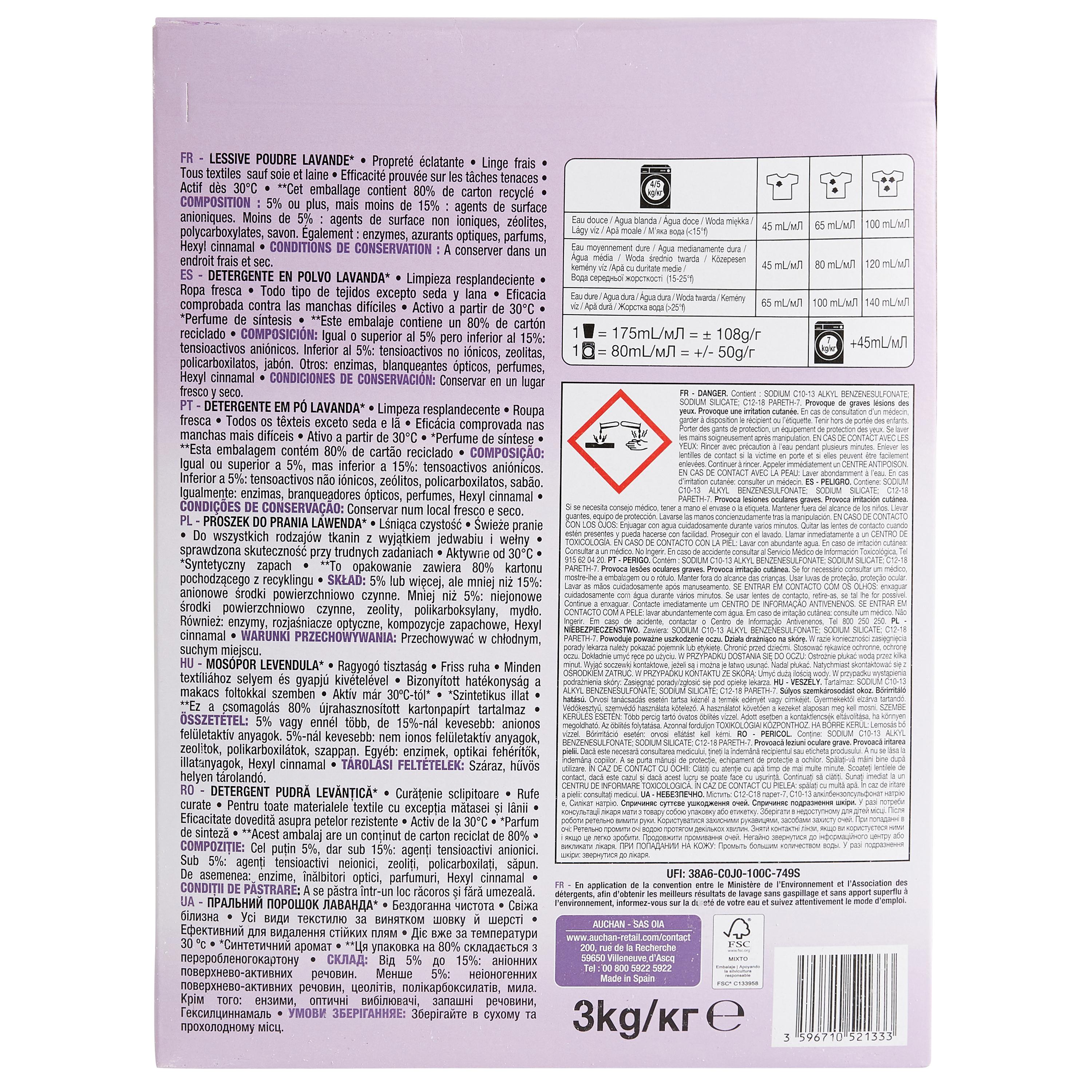 Voir la diapositive 2 : AUCHAN Lessive poudre Lavande 60 lavages 3kg