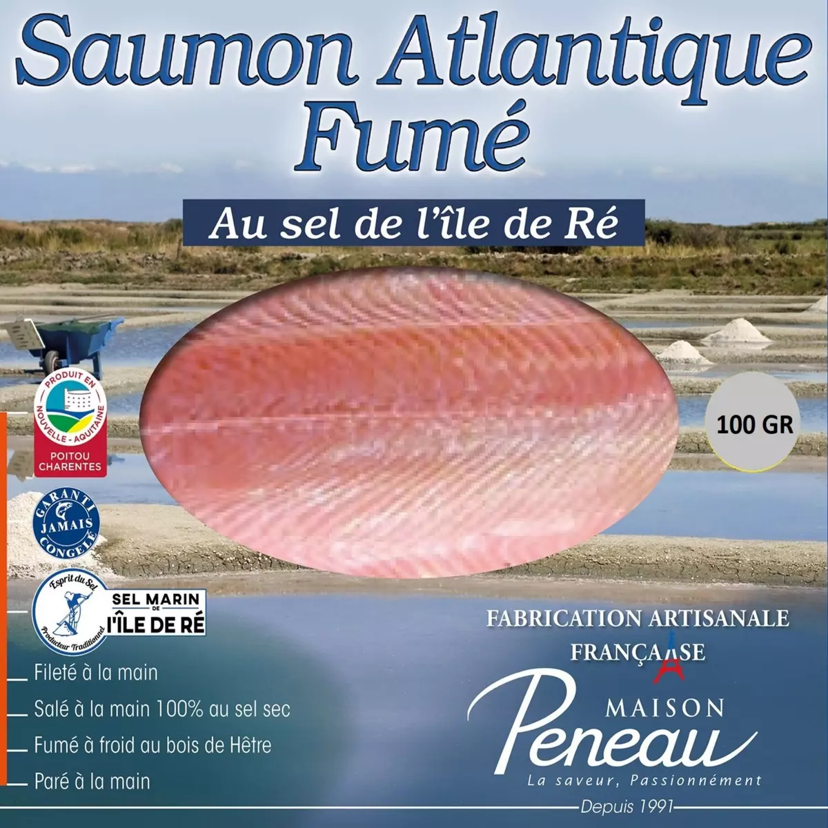 MAISON PENEAU Saumon fumé D'Atlantique au sel de l'ile de ré 100g