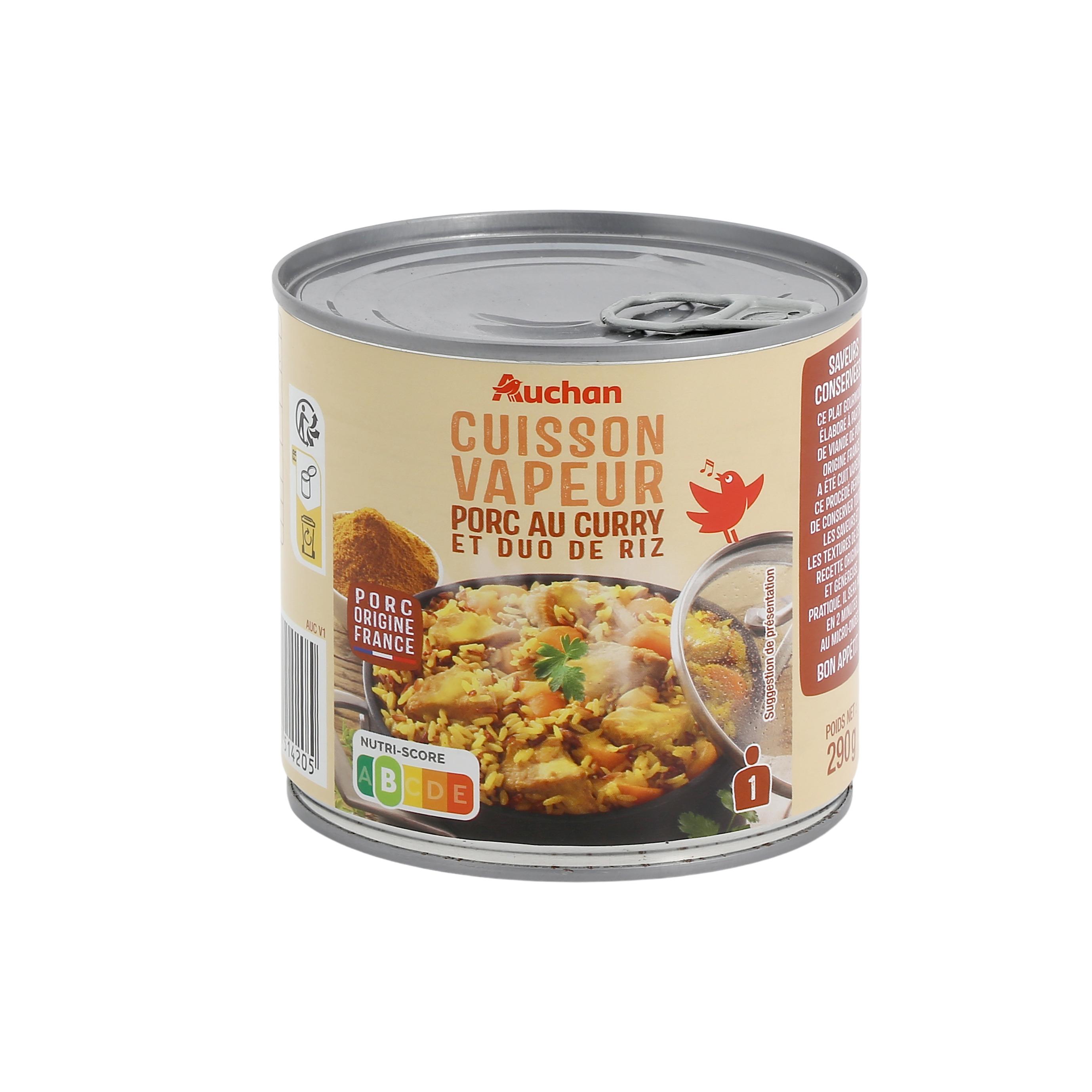 Voir la diapositive 2 : AUCHAN Cuisson vapeur porc au curry et duo de riz 1 personne 290g