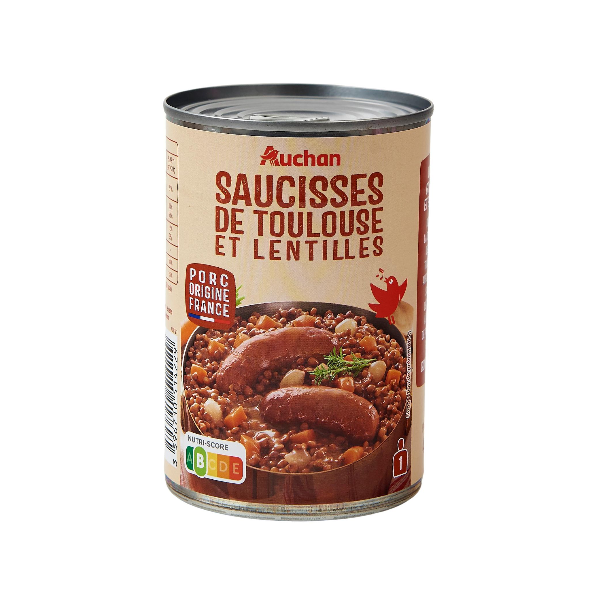 Voir la diapositive 2 : AUCHAN Saucisses de Toulouse et lentilles 1 portions 420g