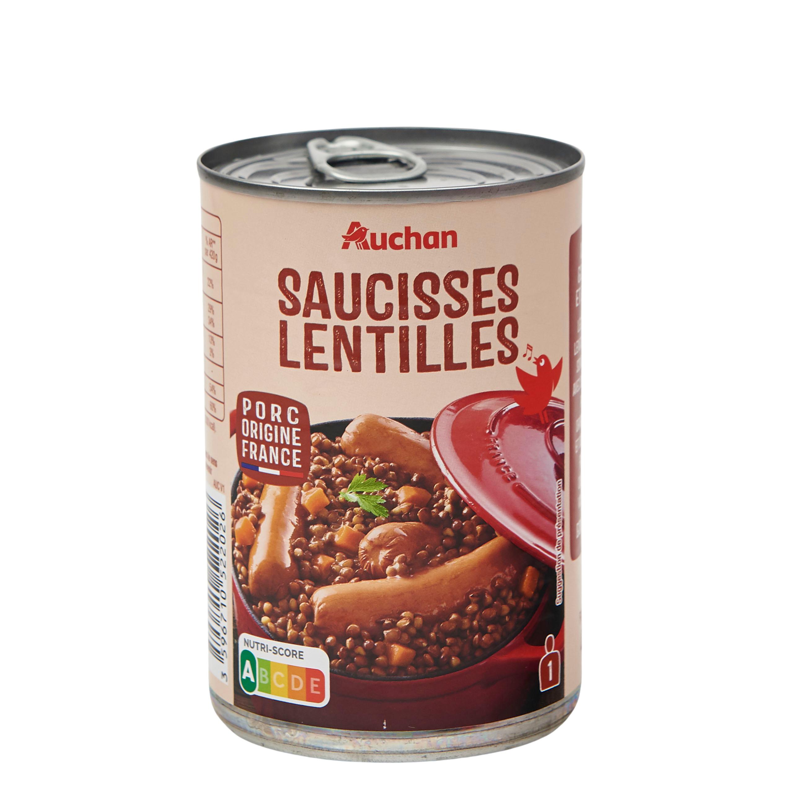 Voir la diapositive 2 : AUCHAN Saucisses aux lentilles 1 portion 420g