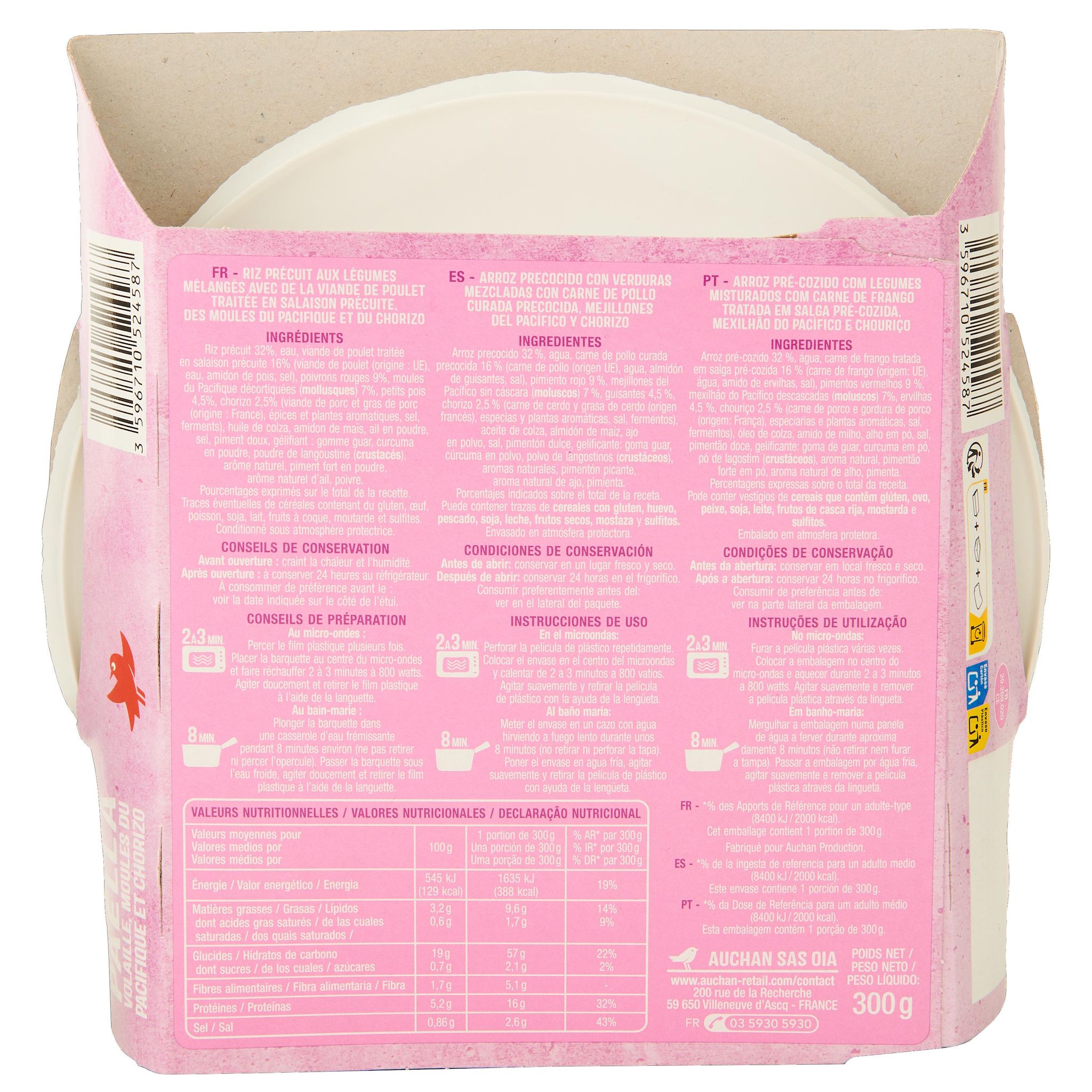 Voir la diapositive 2 : AUCHAN Paëlla à volaille, moules du pacifique et chorizo prête en 3 min 1 personne 300g