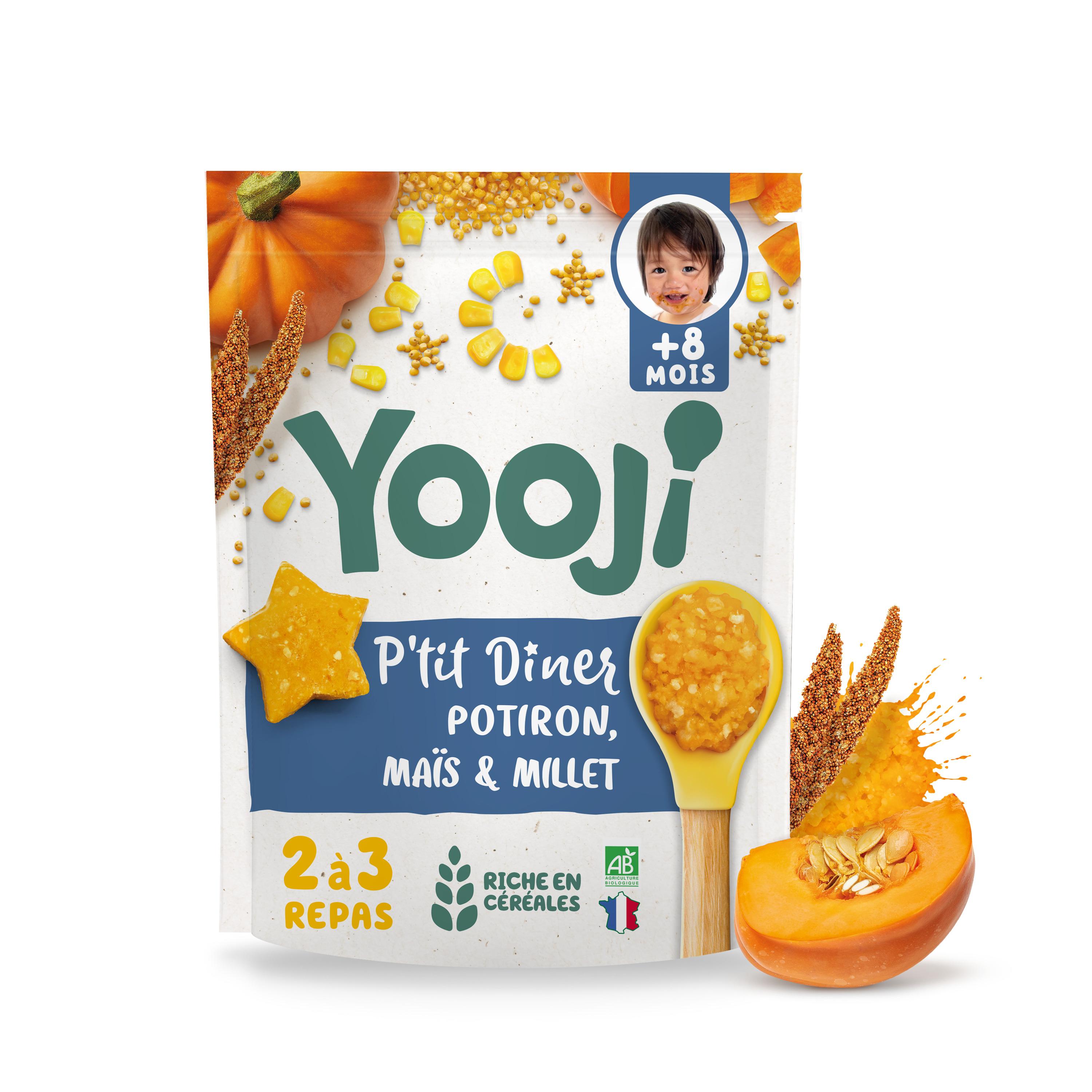 Voir la diapositive 2 : YOOJI P'tit diner potiron maïs millet bio dès 8 mois 2-3 portions 300g