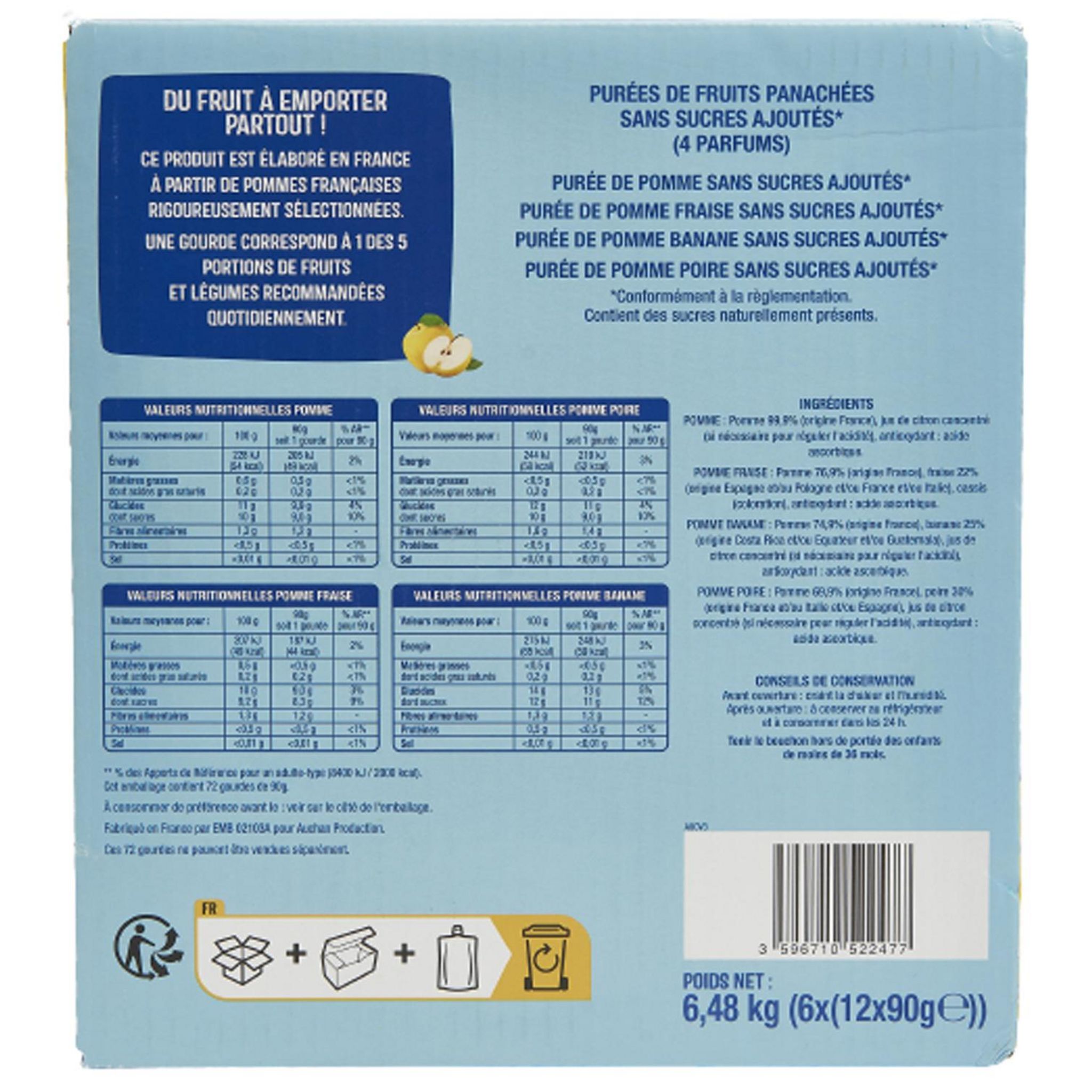 Voir la diapositive 3 : AUCHAN Gourdes pomme poire fraise banane sans sucres ajoutés 48+24 offertes 72x90g