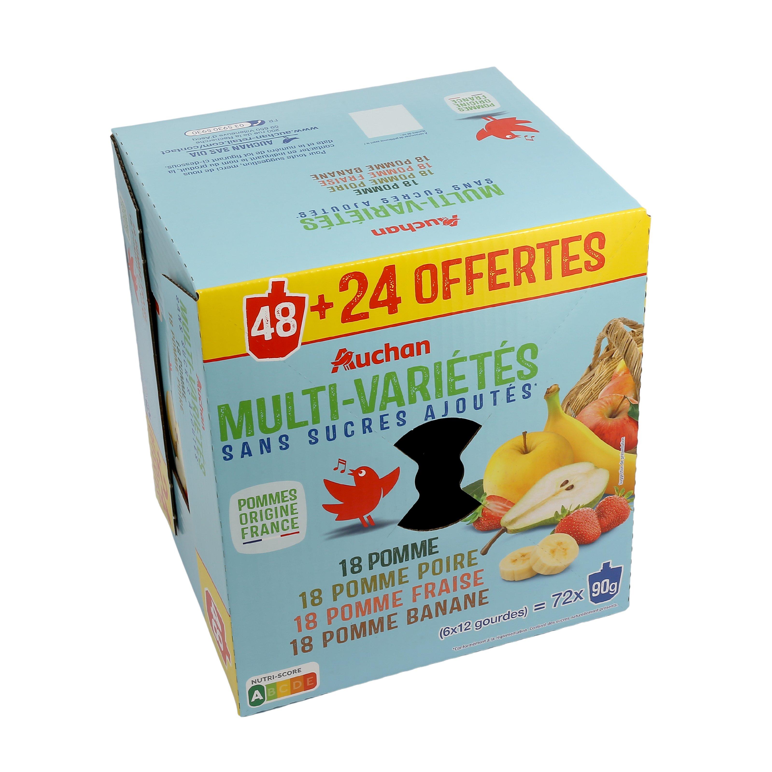 Voir la diapositive 4 : AUCHAN Gourdes pomme poire fraise banane sans sucres ajoutés 48+24 offertes 72x90g