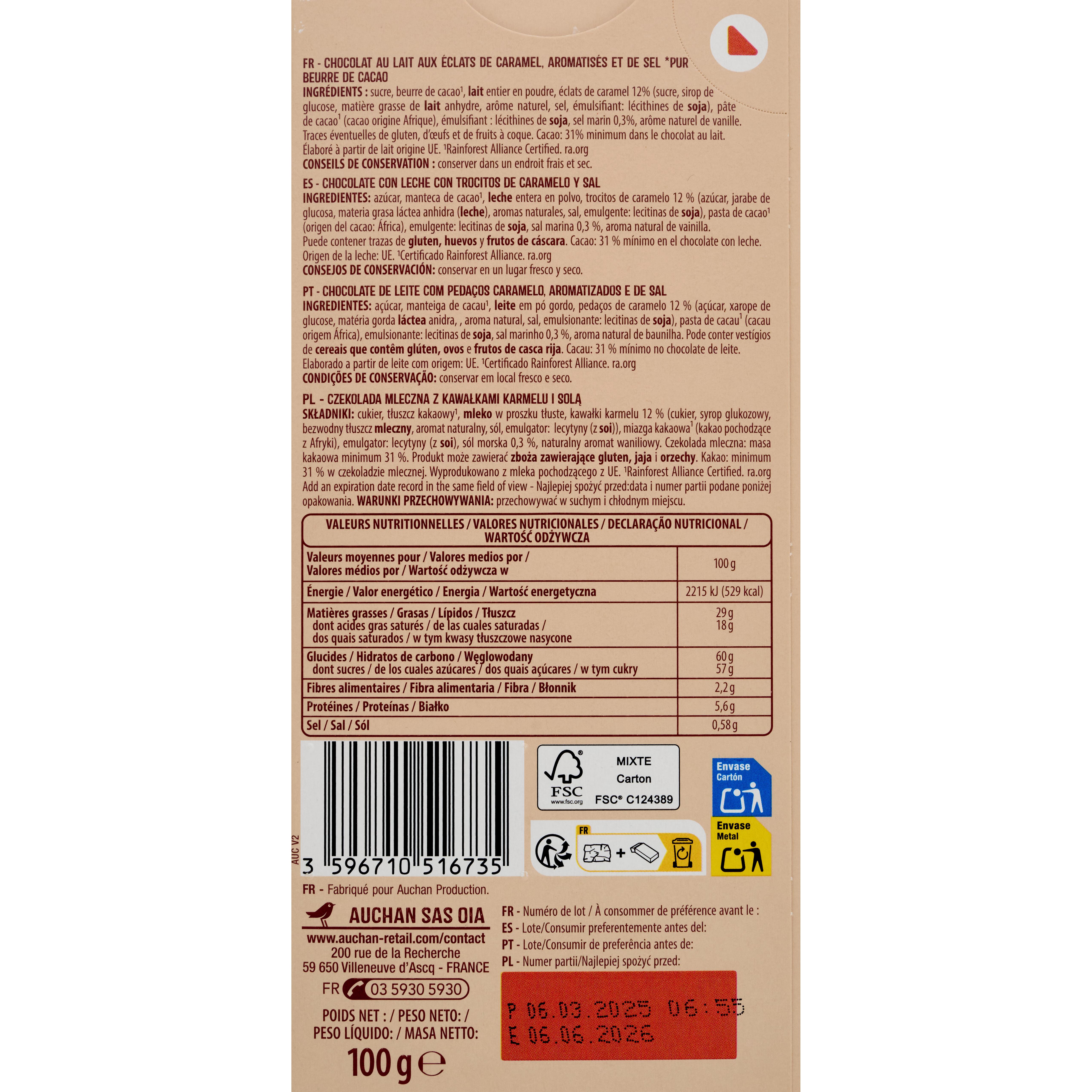Voir la diapositive 3 : AUCHAN Tablette de chocolat au lait, caramel et pointe de sel 1 pièce 100g