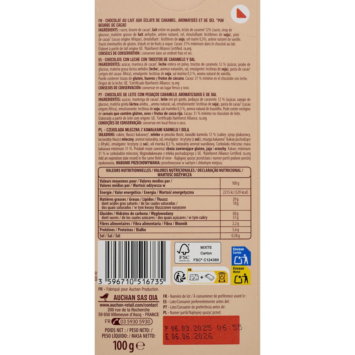 AUCHAN Tablette de chocolat au lait, caramel et pointe de sel 1 pièce 100g