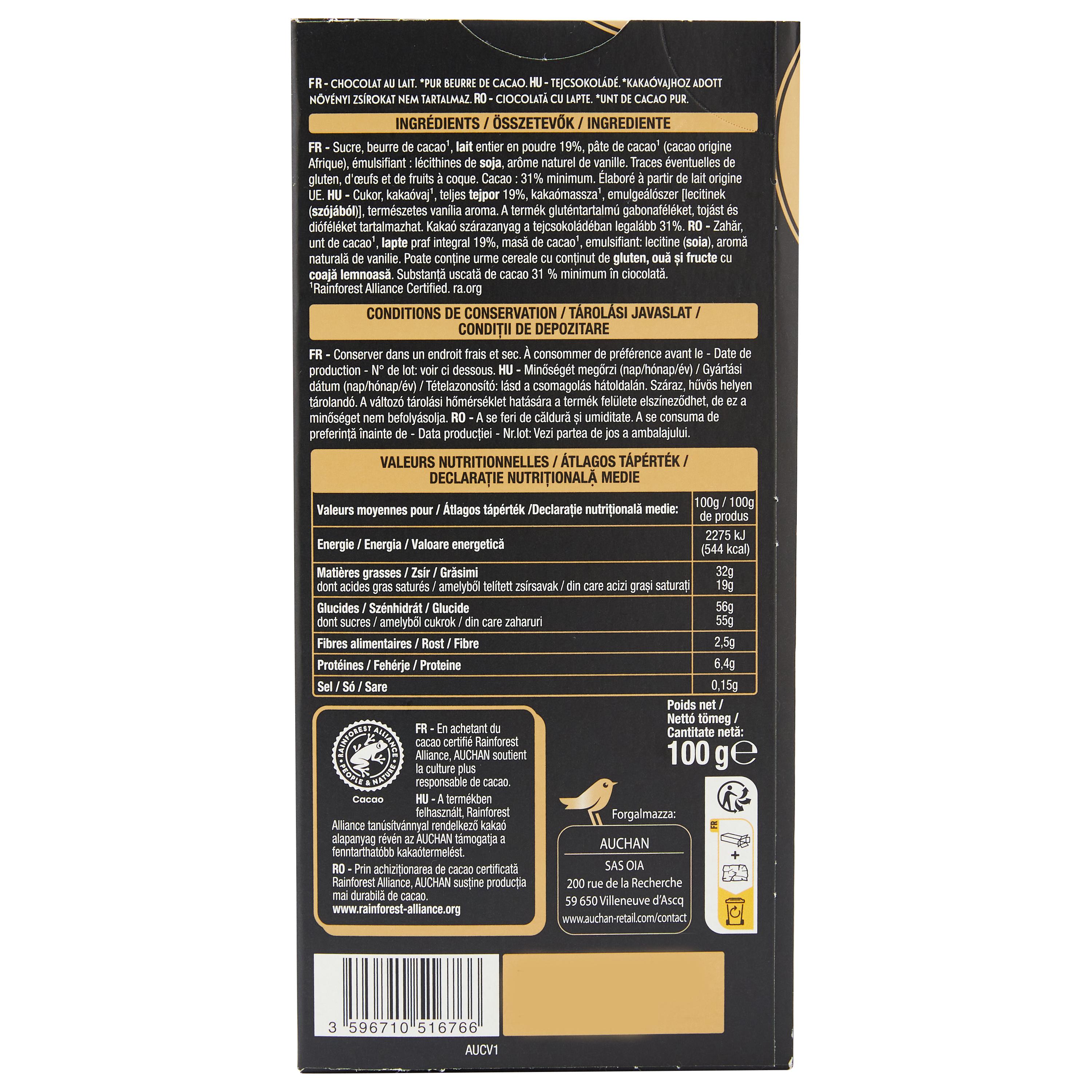 Voir la diapositive 2 : AUCHAN Tablette de chocolat au lait extra fondant 1 pièce 100g