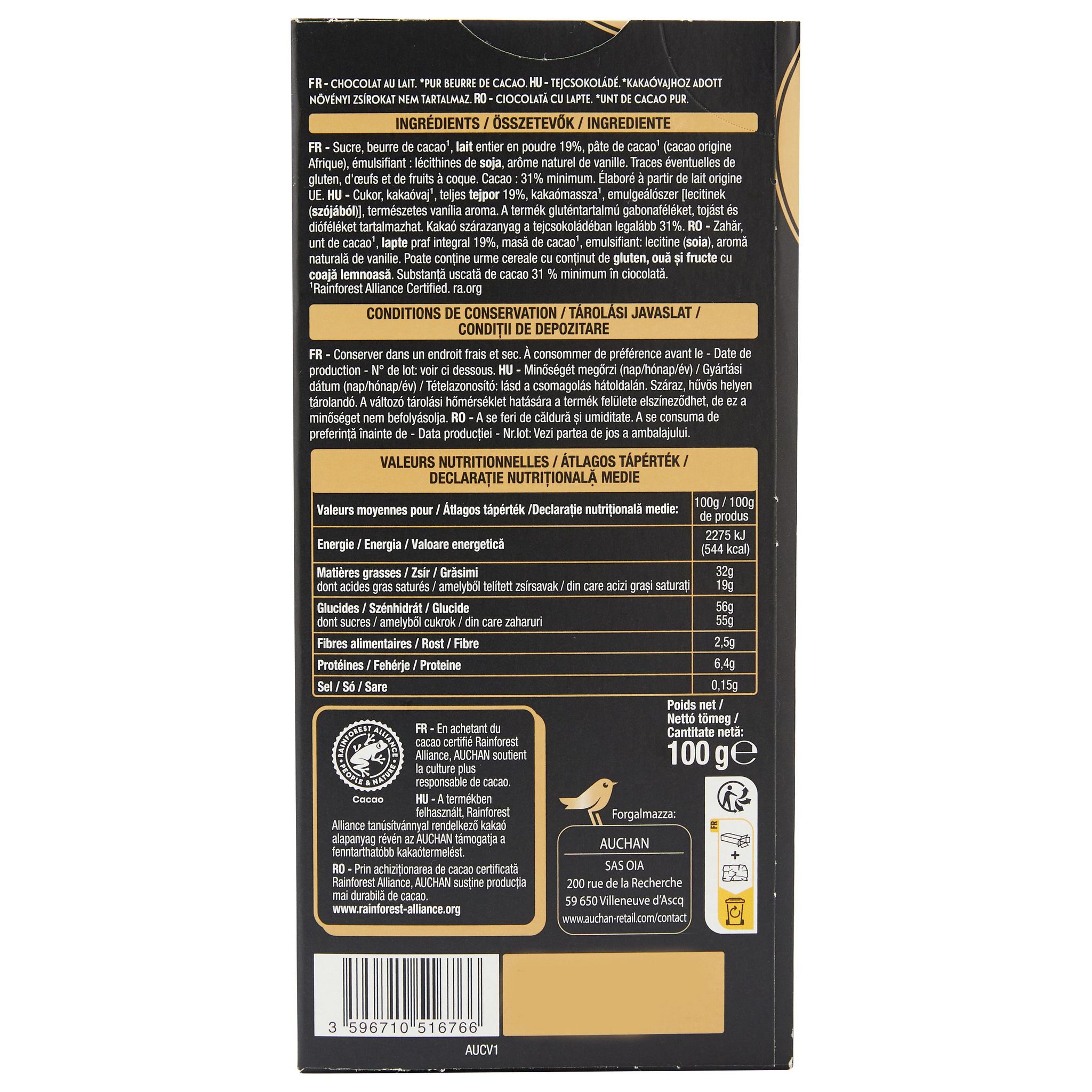 Voir la diapositive 2 : AUCHAN Tablette de chocolat au lait extra fondant 1 pièce 100g