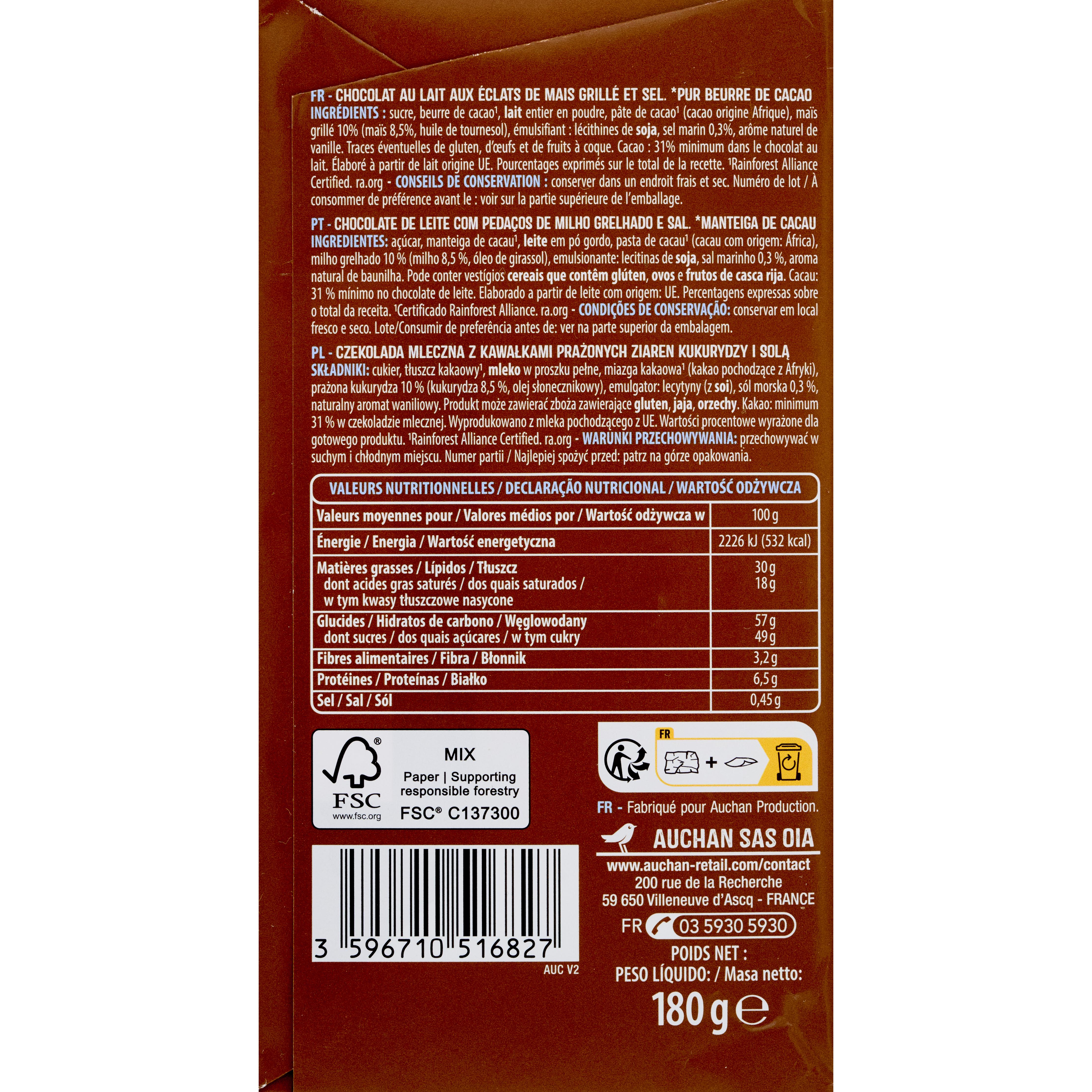 Voir la diapositive 2 : AUCHAN Tablette de chocolat au lait popcorn et fleur de sel 1 pièce 180g