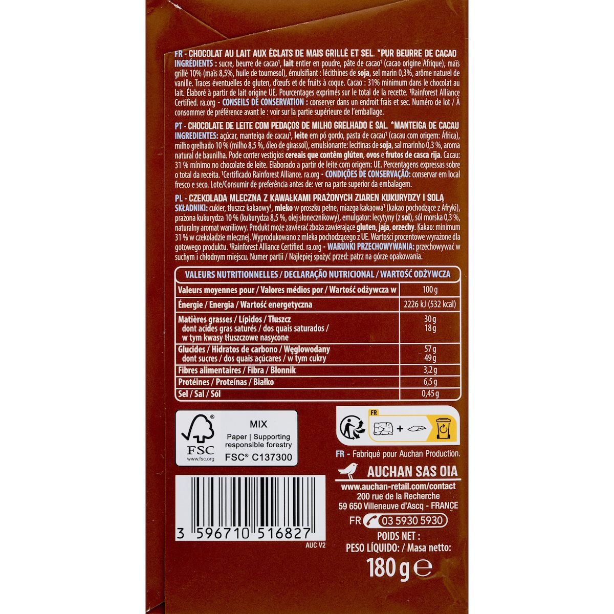 AUCHAN Tablette de chocolat au lait popcorn et fleur de sel 1 pièce 180g