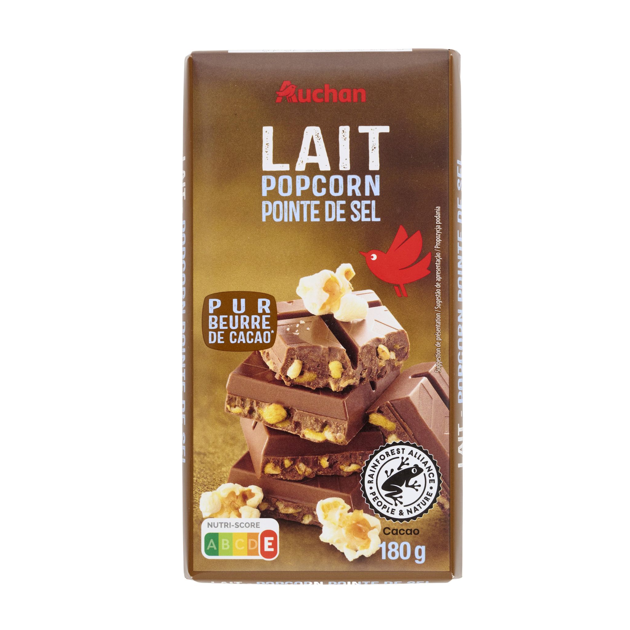 Voir la diapositive 3 : AUCHAN Tablette de chocolat au lait popcorn et fleur de sel 1 pièce 180g