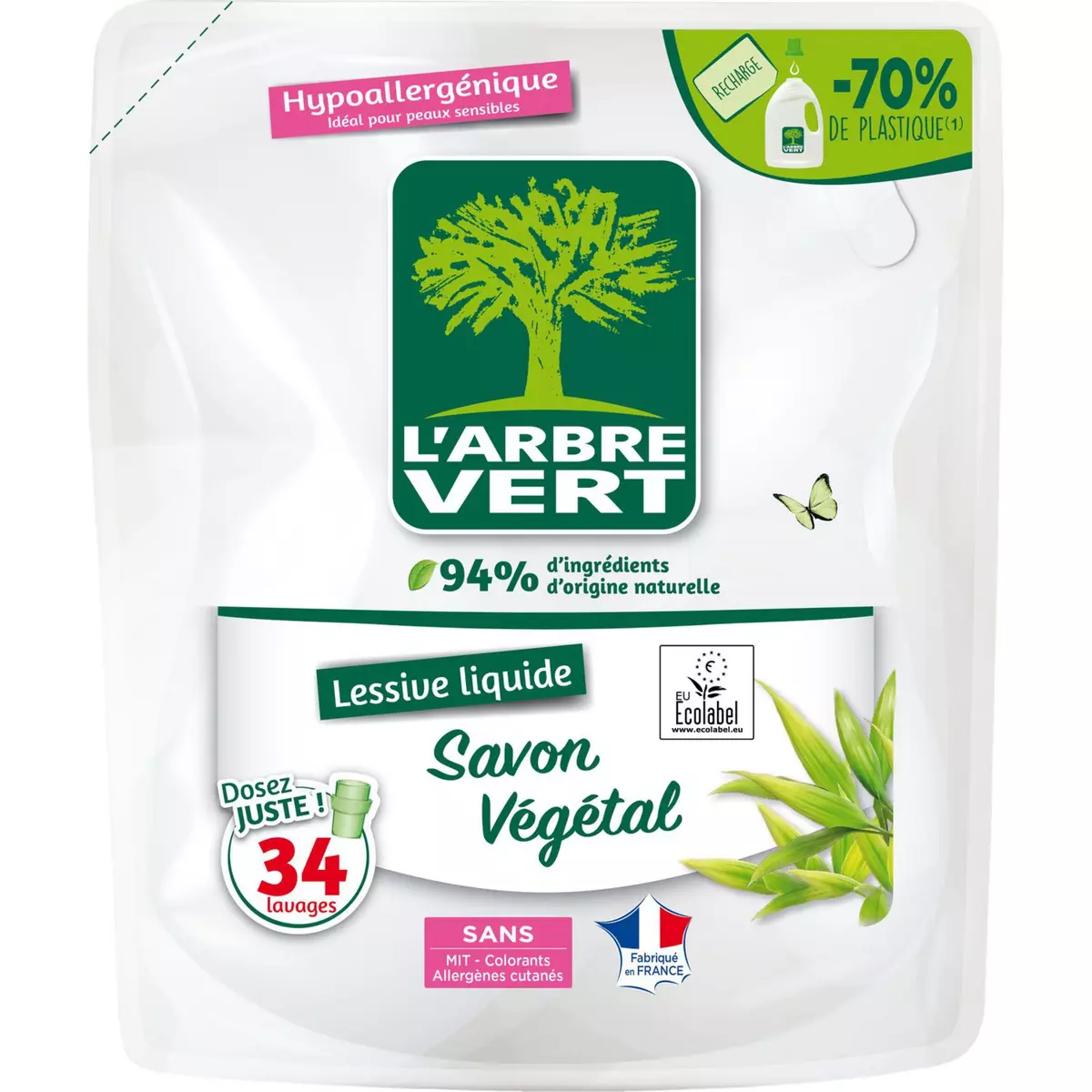 L'ARBRE VERT Recharge lessive liquide savon végétal hypoallergénique 34 lavages 1.53l