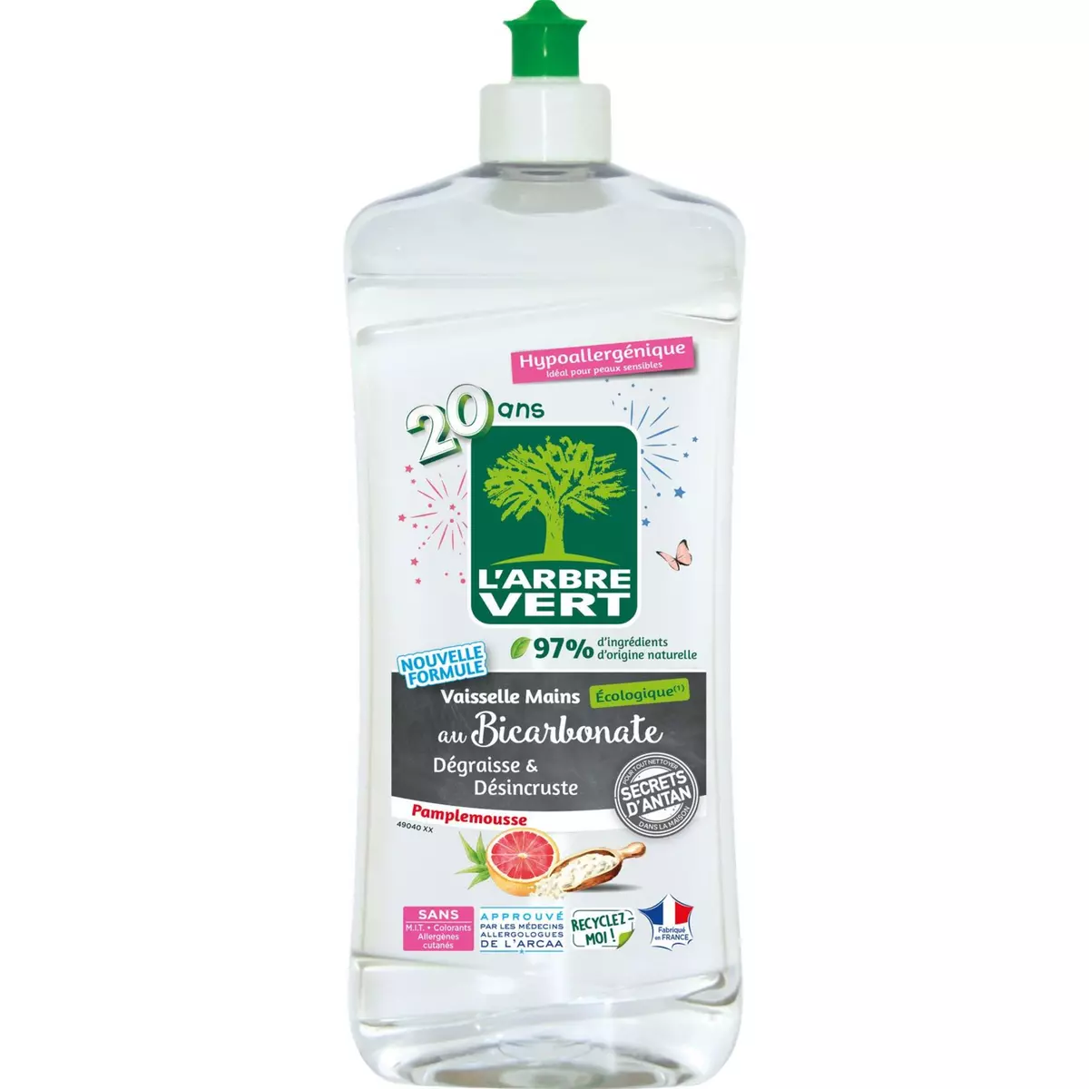 L'ARBRE VERT Liquide vaisselle mains écologique hypoallergénique bicarbonate pamplemousse 750ml