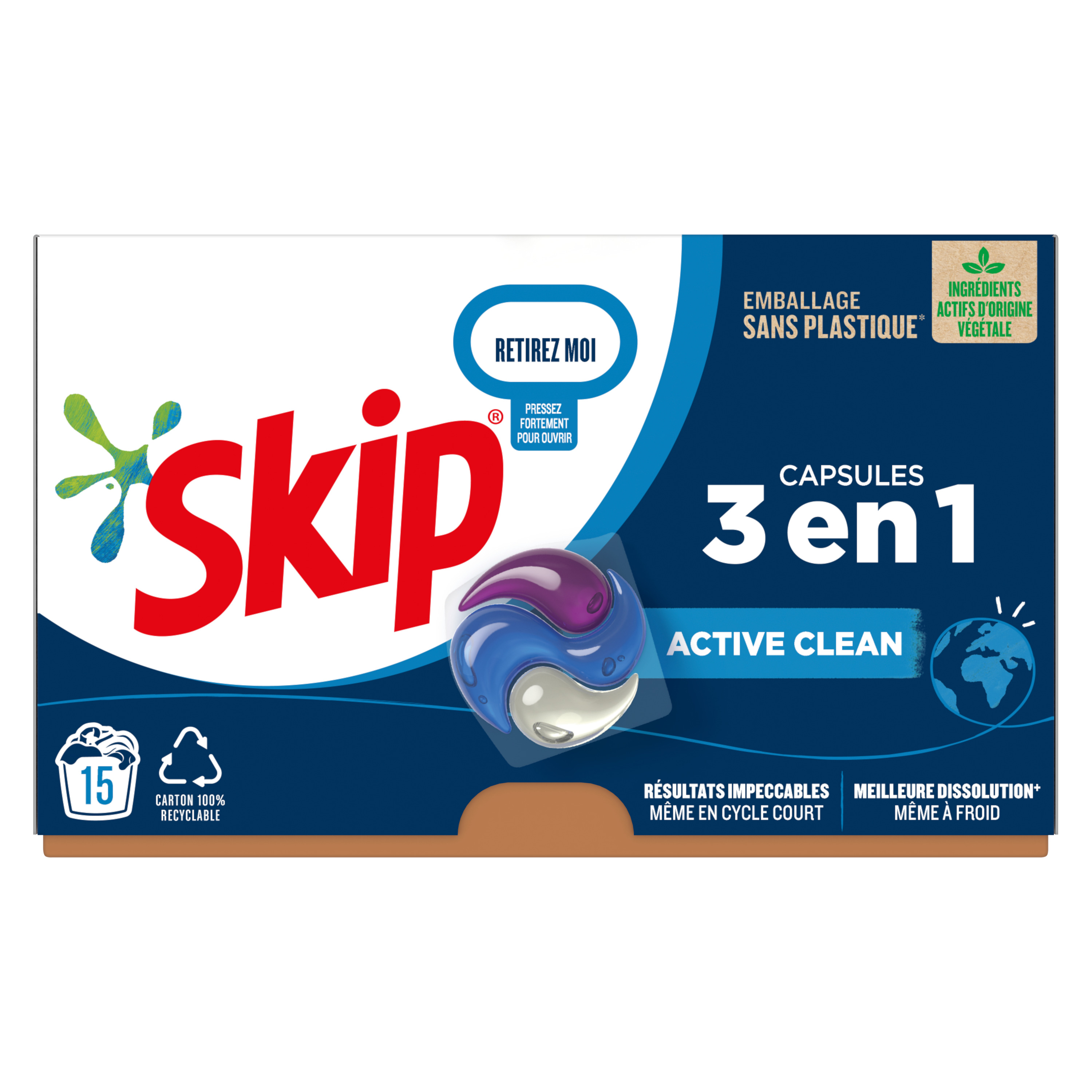 Voir la diapositive 2 : SKIP Lessive capsules 3 en 1 Active clean 15 lavages 15 capsules