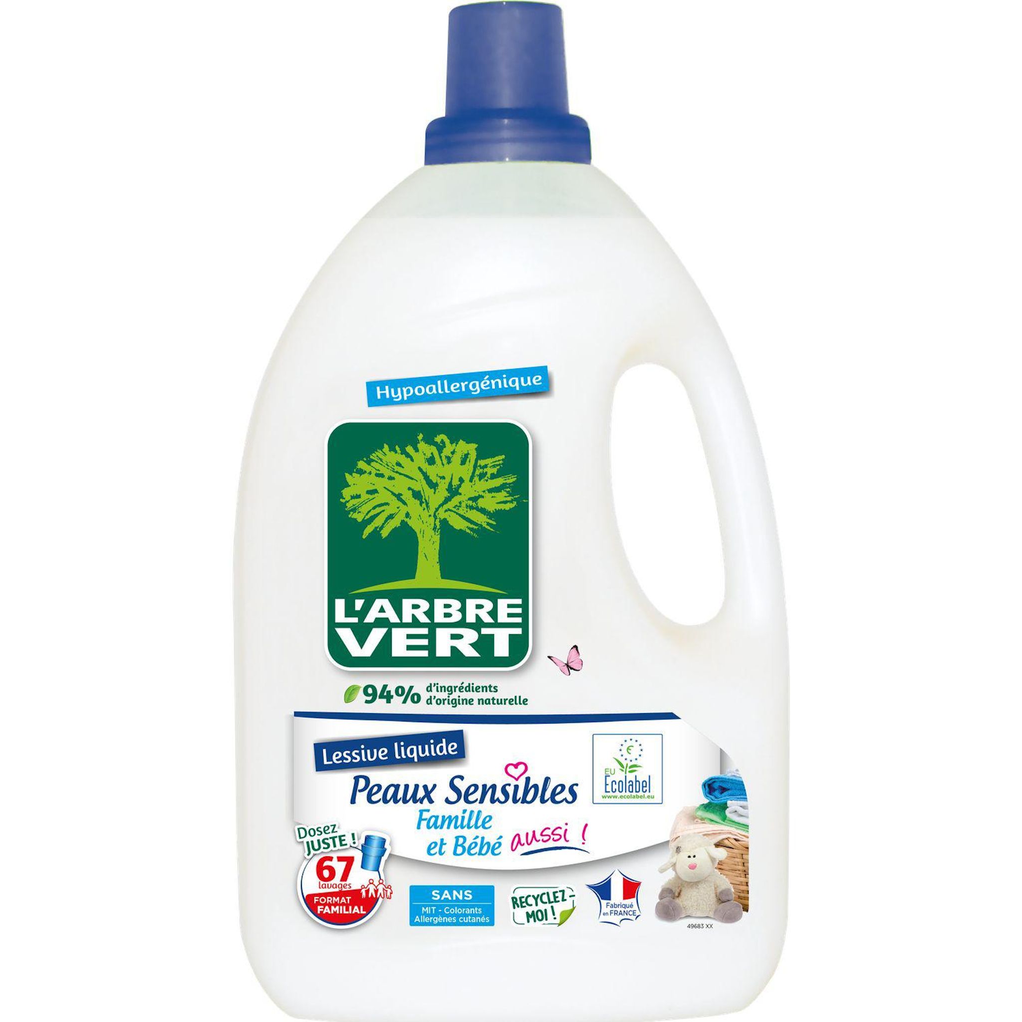 Voir la diapositive 2 : L'ARBRE VERT Lessive liquide peaux sensibles 67 lavages 3,015l