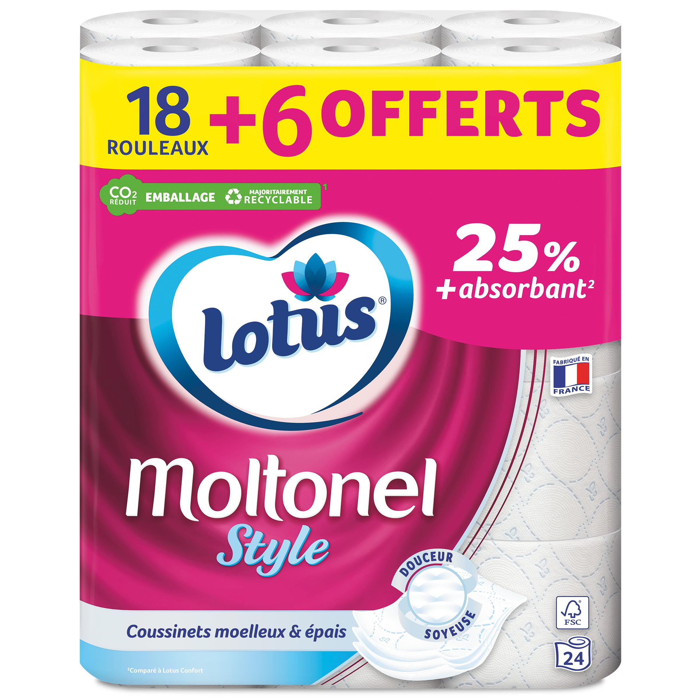 LOTUS Moltonel papier toilette blanc coussinet hyper absorbant 3 épaisseurs 18 rouleaux+6 offerts