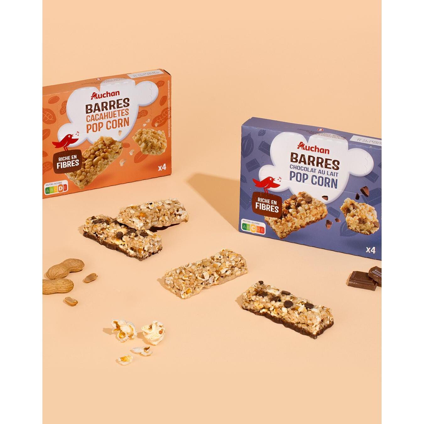 Voir la diapositive 2 : AUCHAN Barres chocolat au lait pop corn 4 barres 84g
