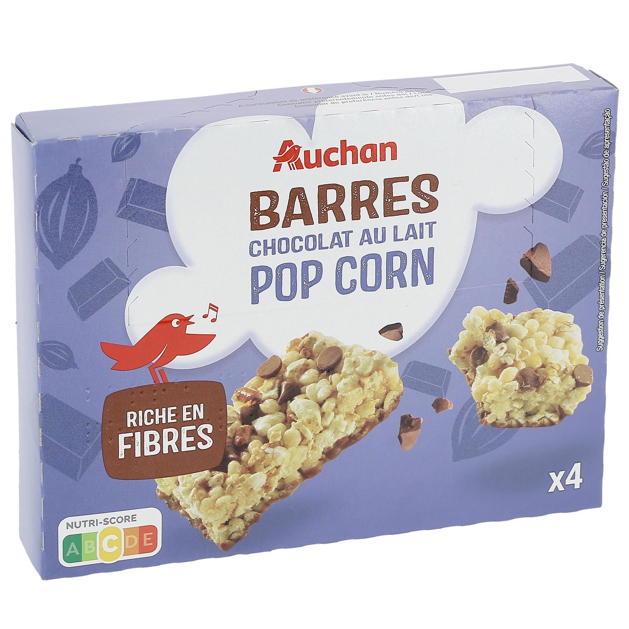 Voir la diapositive 3 : AUCHAN Barres chocolat au lait pop corn 4 barres 84g