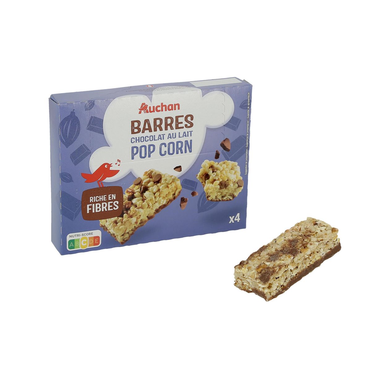 AUCHAN Barres chocolat au lait pop corn 4 barres 84g