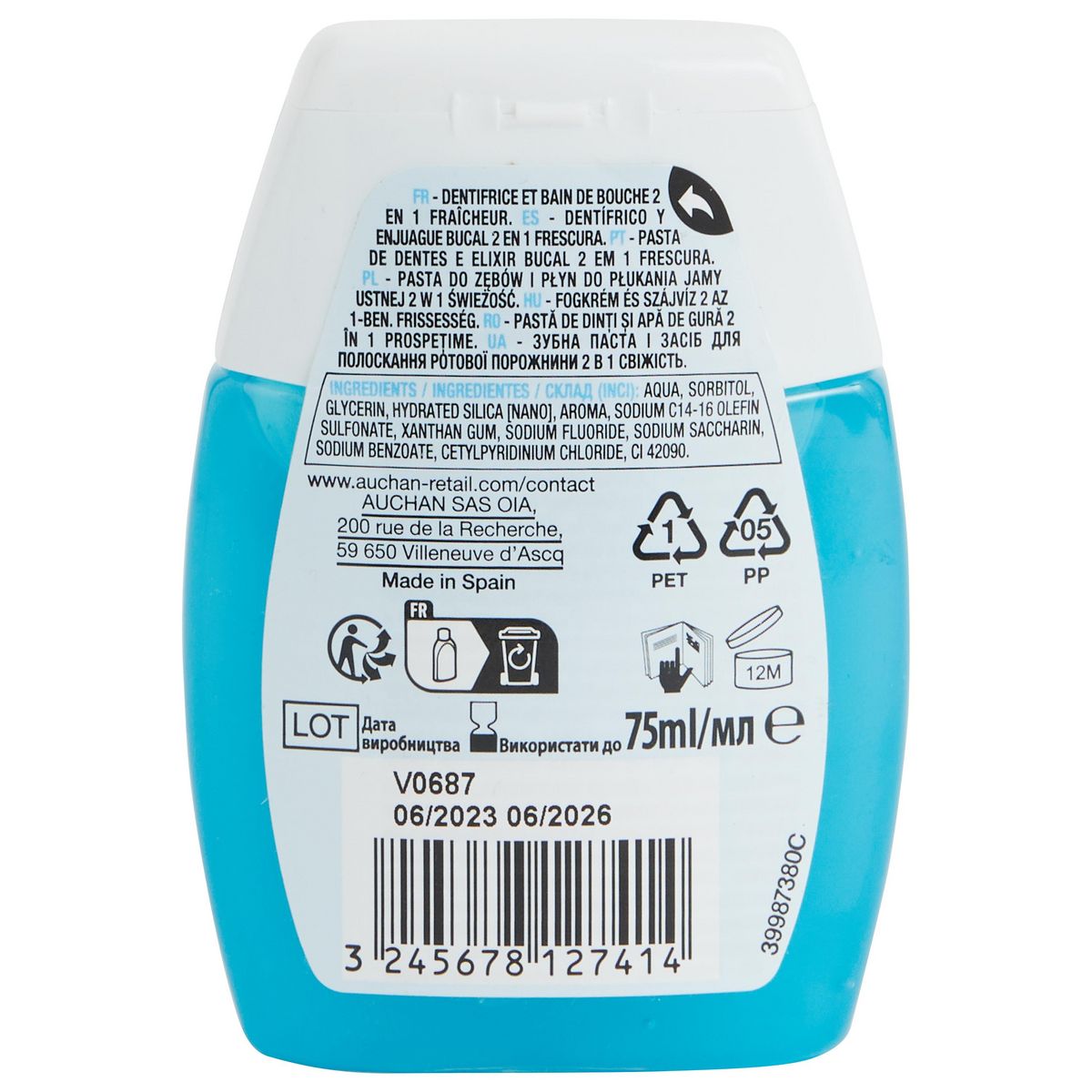 AUCHAN Dentifrice et bain de bouche fraicheur 75ml