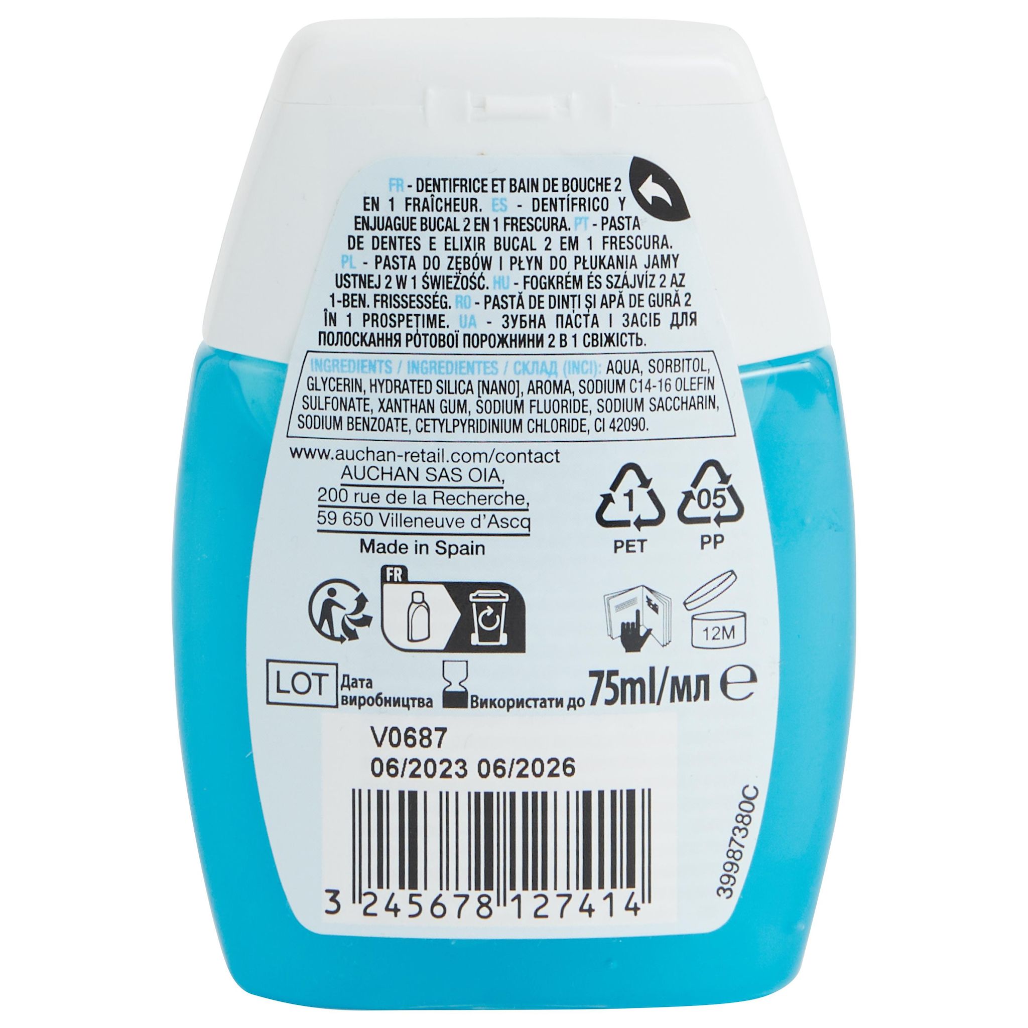 Voir la diapositive 2 : AUCHAN Dentifrice et bain de bouche fraicheur 75ml