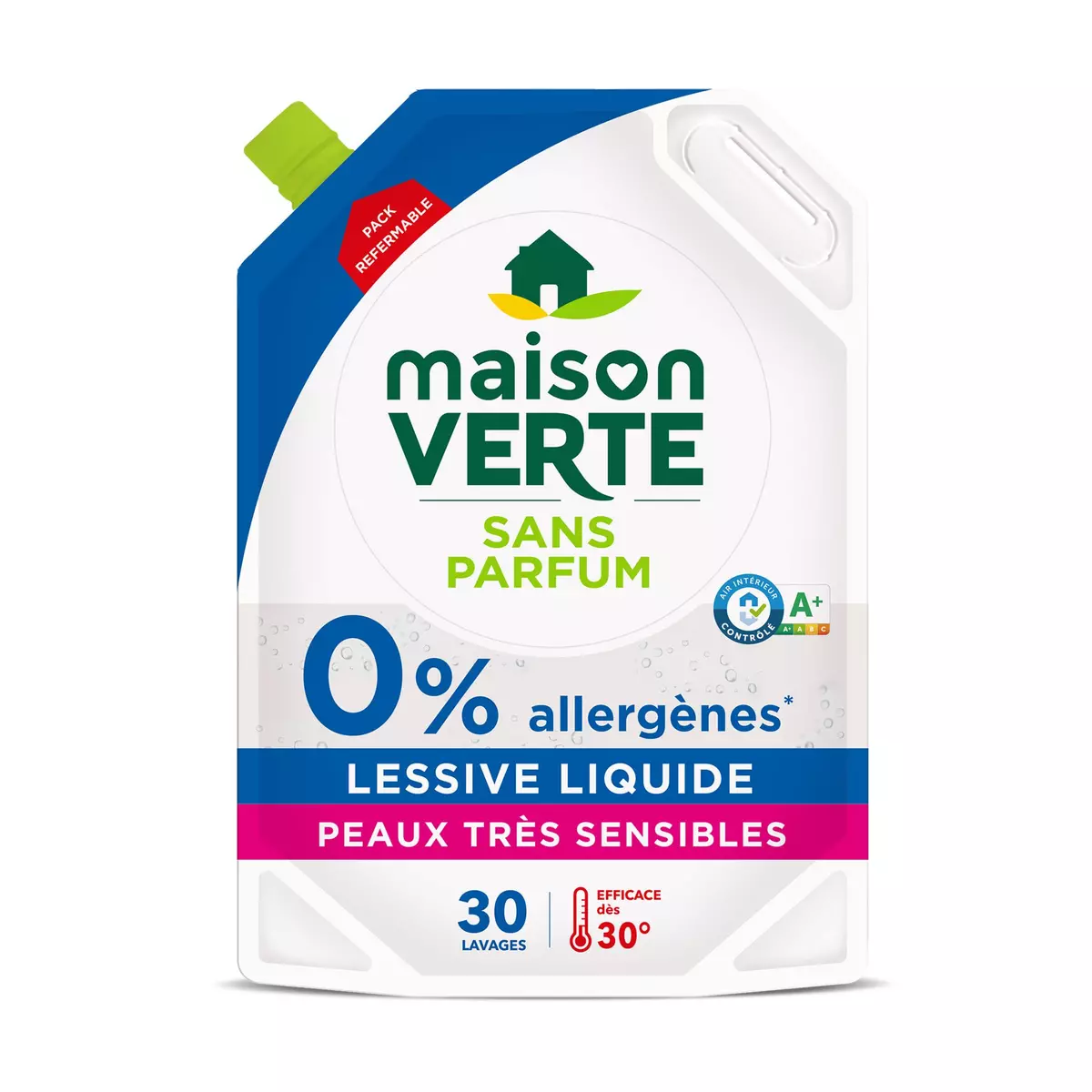 MAISON VERTE Recharge lessive liquide sans parfum pour peaux très sensibles 30 lavages 1.8l