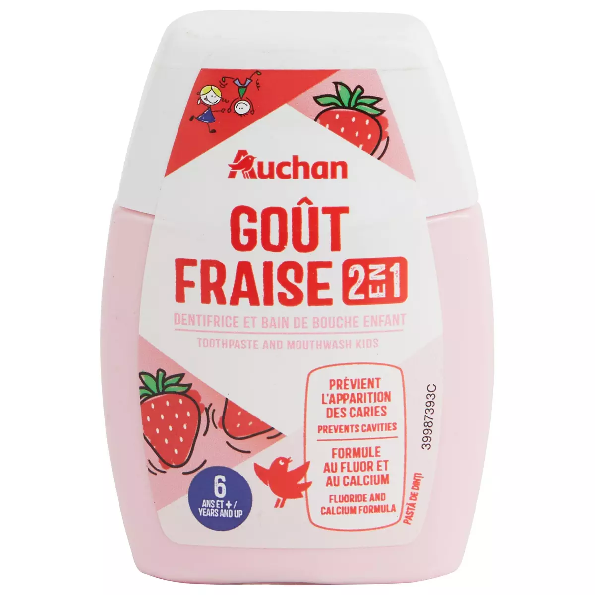 AUCHAN Dentifrice goût fraise 2en1 6ans et + 75ml