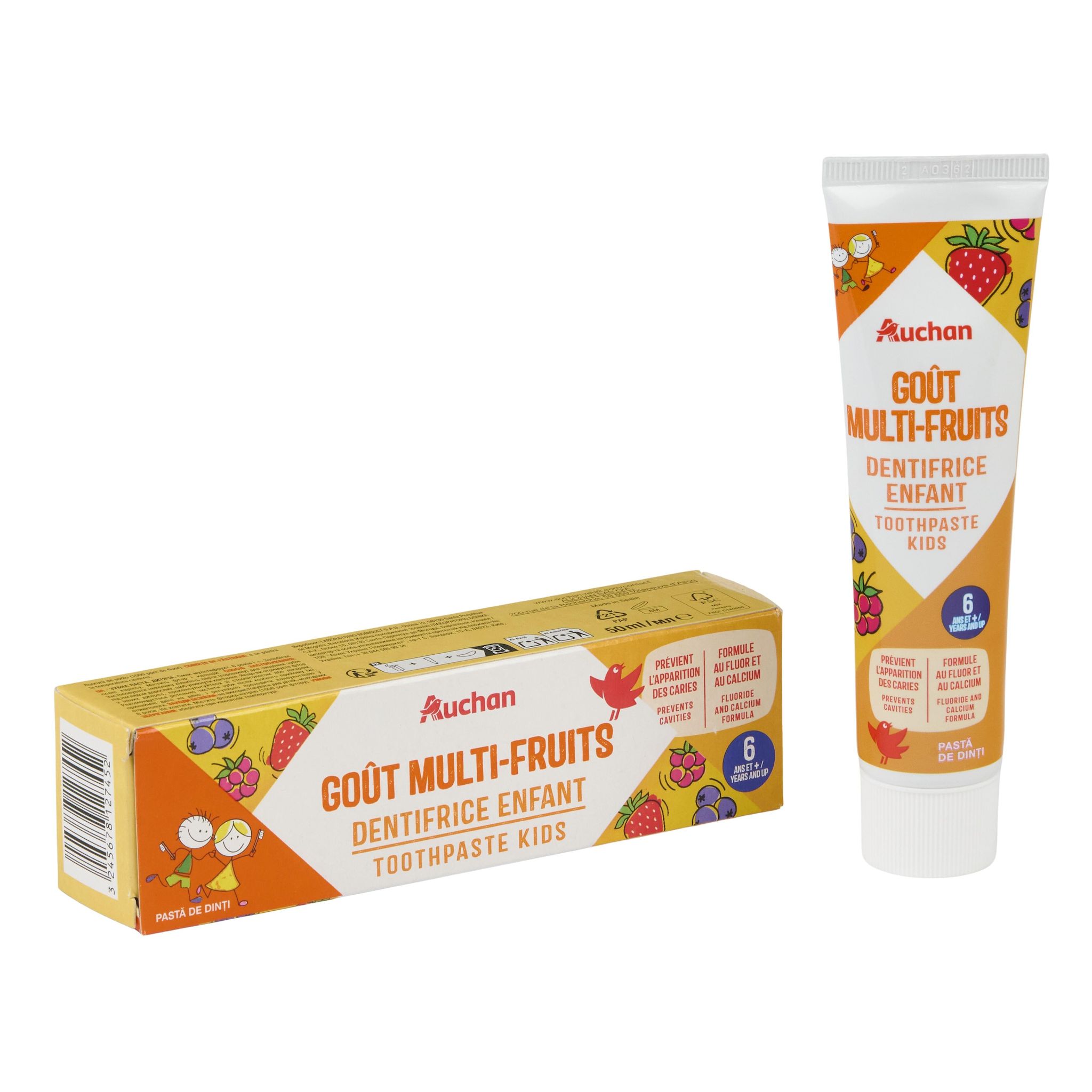 Voir la diapositive 2 : AUCHAN Dentifrice enfant goût multi-fruits 6ans et + 50ml