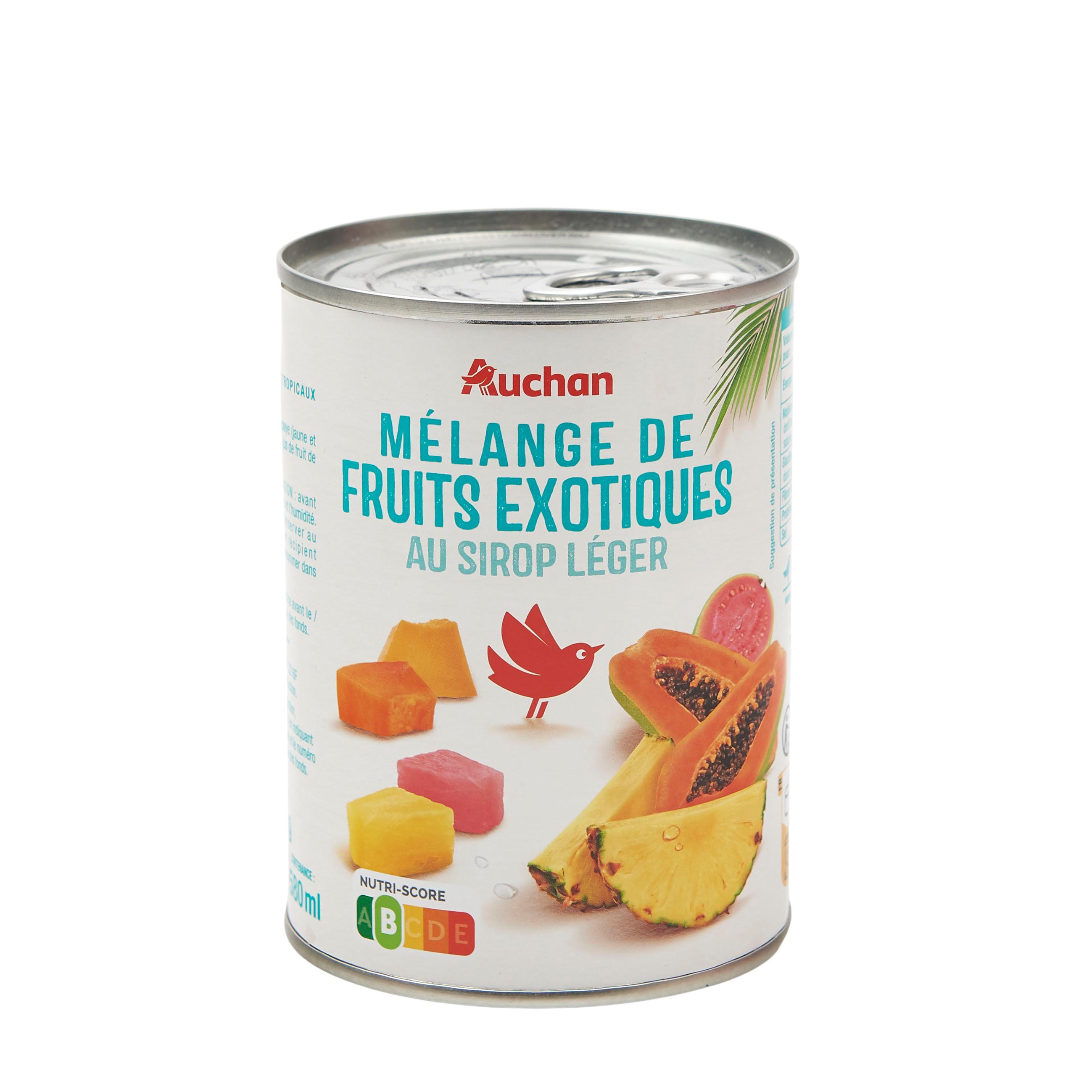 Voir la diapositive 3 : AUCHAN Mélange de fruits exotiques au sirop léger 340g