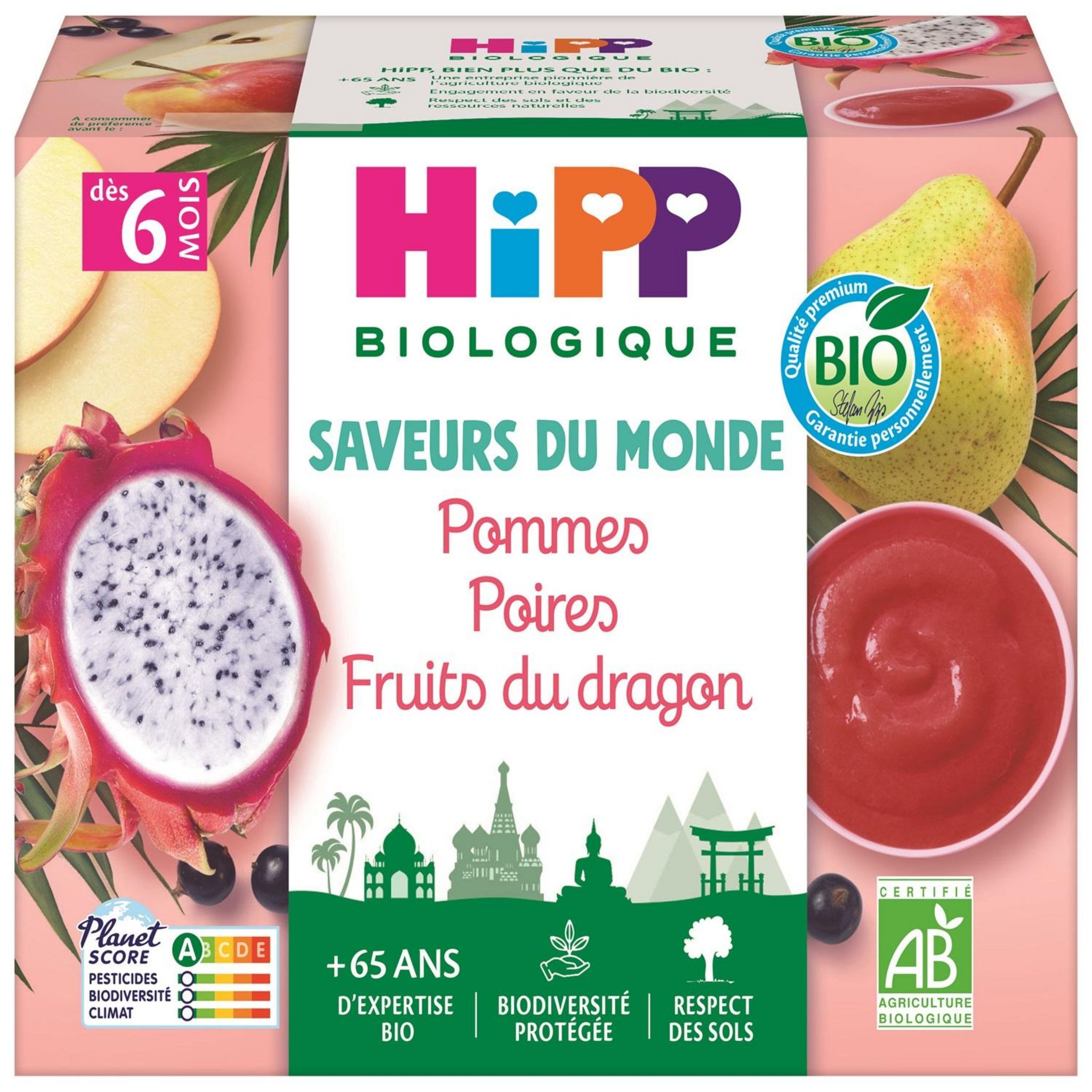 HIPP Coupelles saveurs du monde pommes poires fruits du dragon bio 4x100g