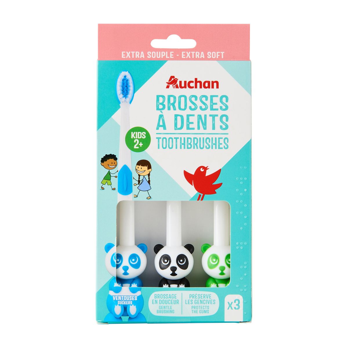 AUCHAN Brosse à dents Panda pour enfant 2ans+ 3 brosses