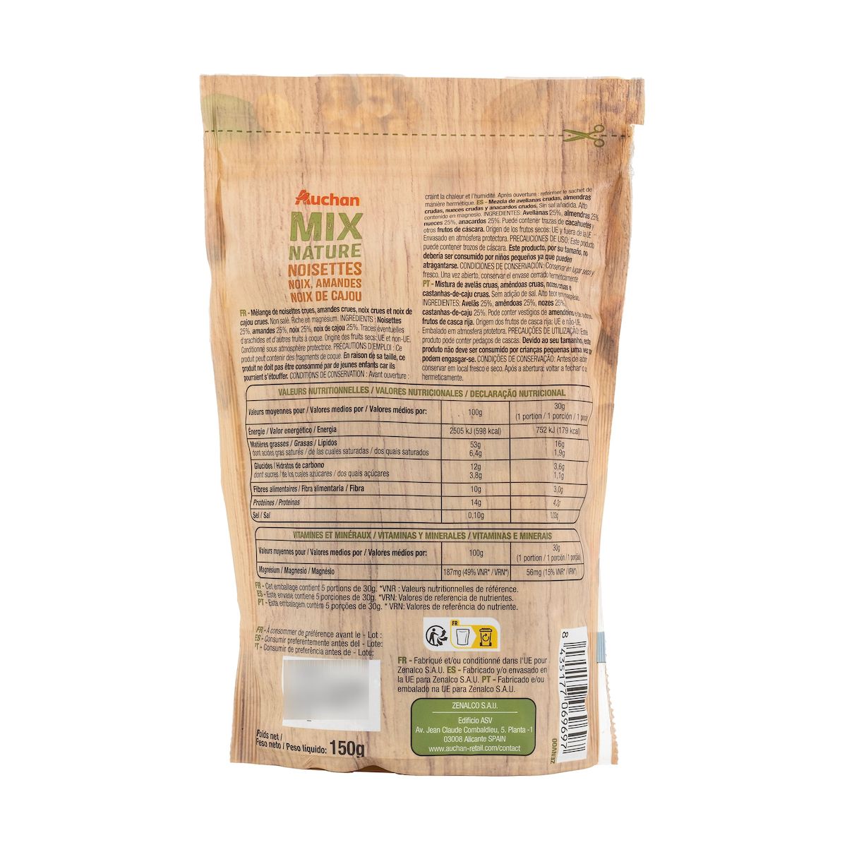 AUCHAN Mix nature noisettes, noix, amandes et noix de cajou 150g