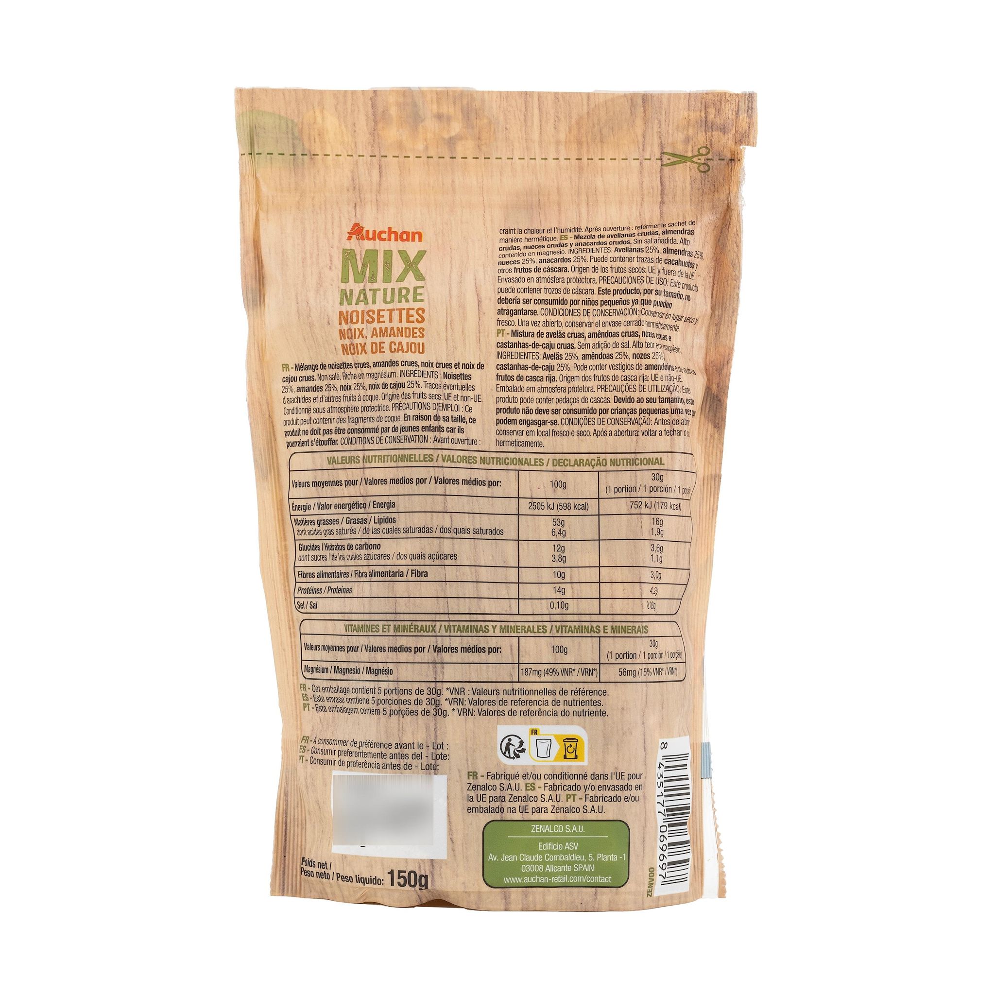 Voir la diapositive 2 : AUCHAN Mix nature noisettes, noix, amandes et noix de cajou 150g