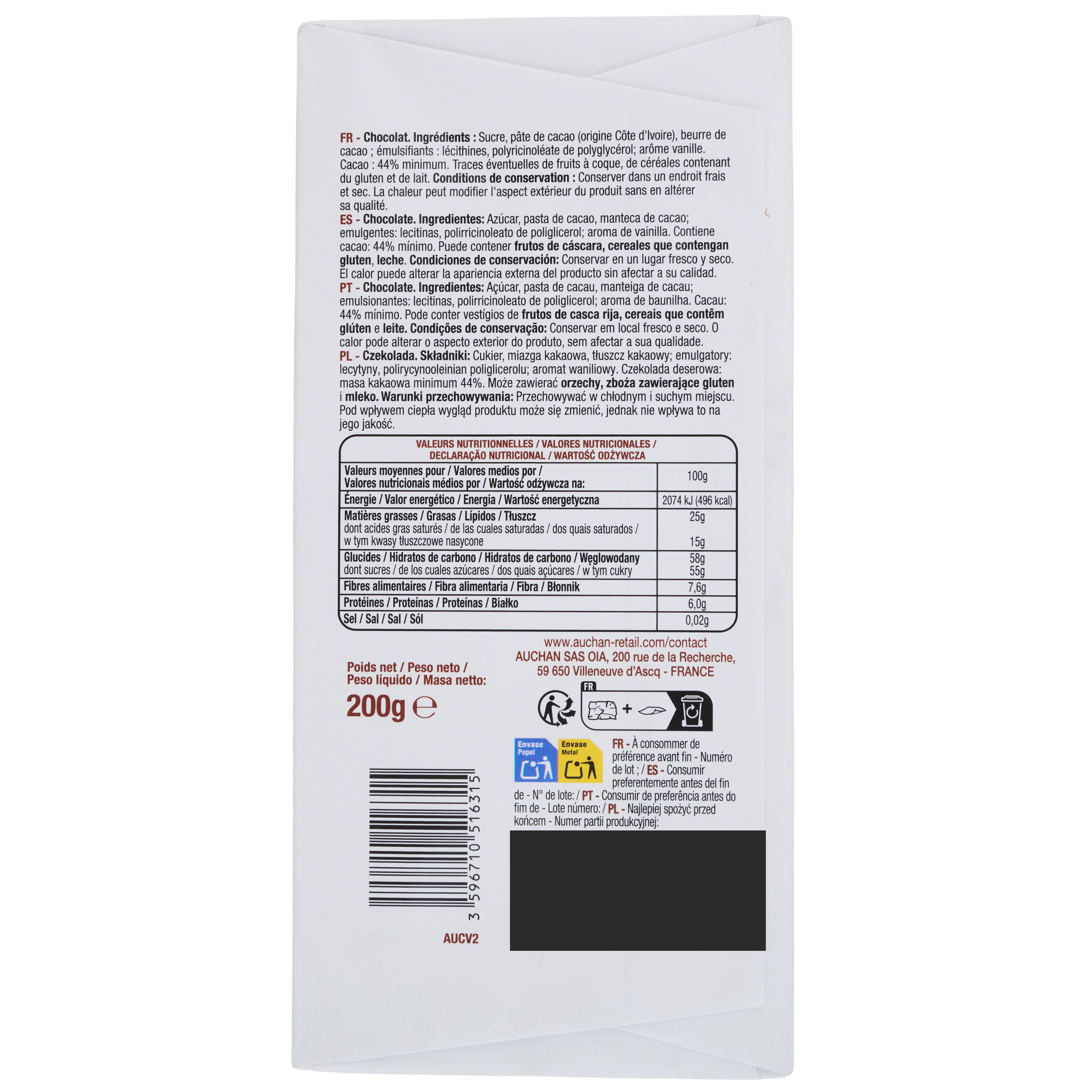 Voir la diapositive 2 : POUCE Tablette de chocolat noir dessert 1 pièce 200g