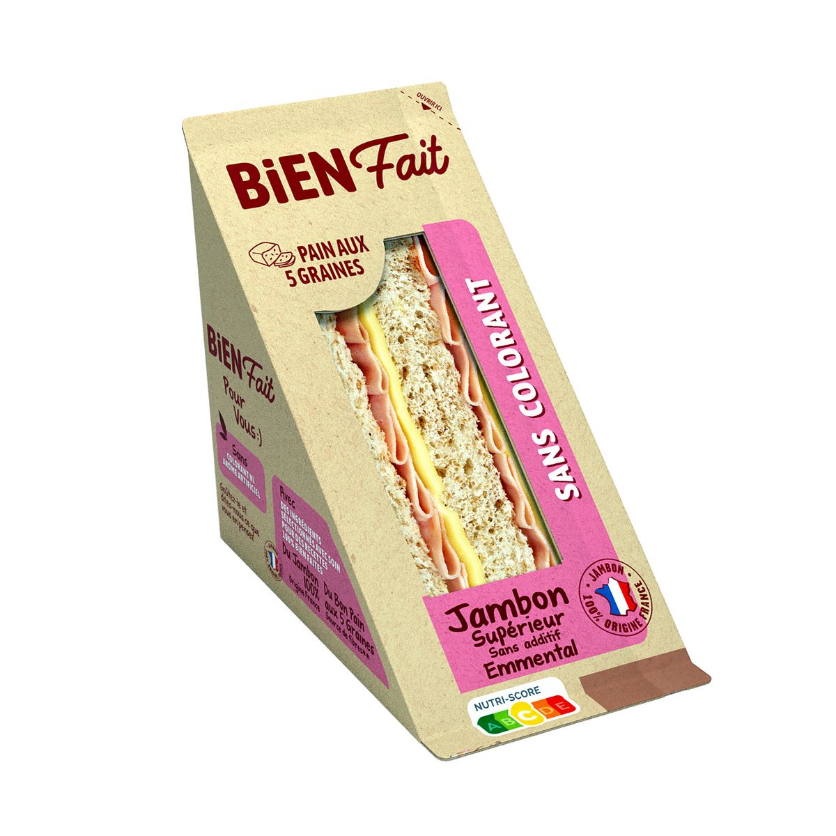 BIEN FAIT Sandwich pain aux 5 graines jambon supérieur emmental 160g