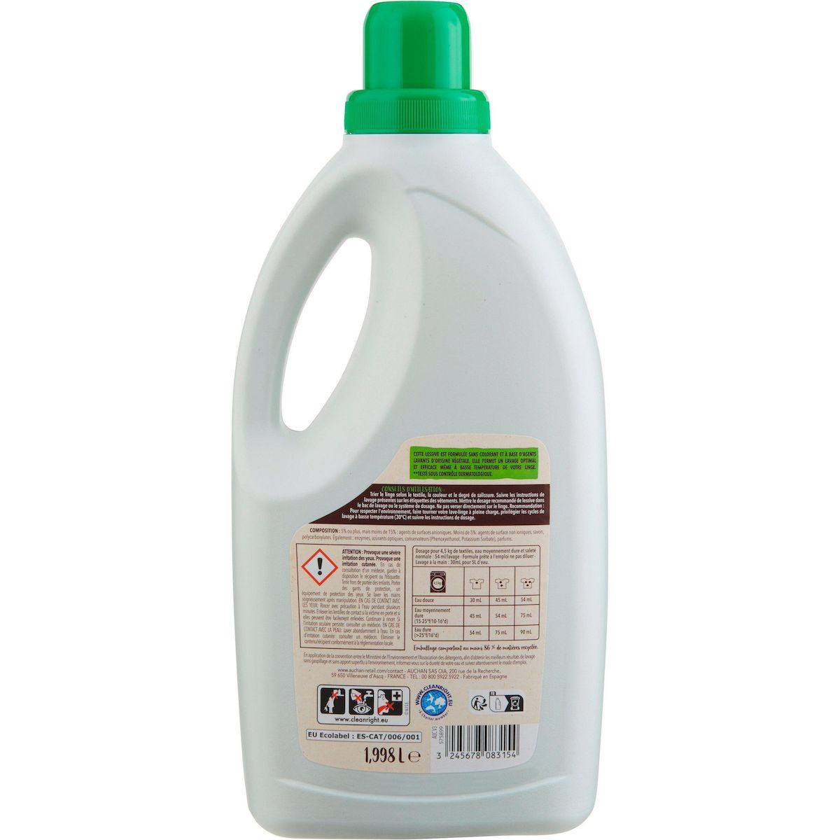 AUCHAN BETTER LIFE Lessive liquide peaux sensibles aloe vera 37 lavages 1,998l