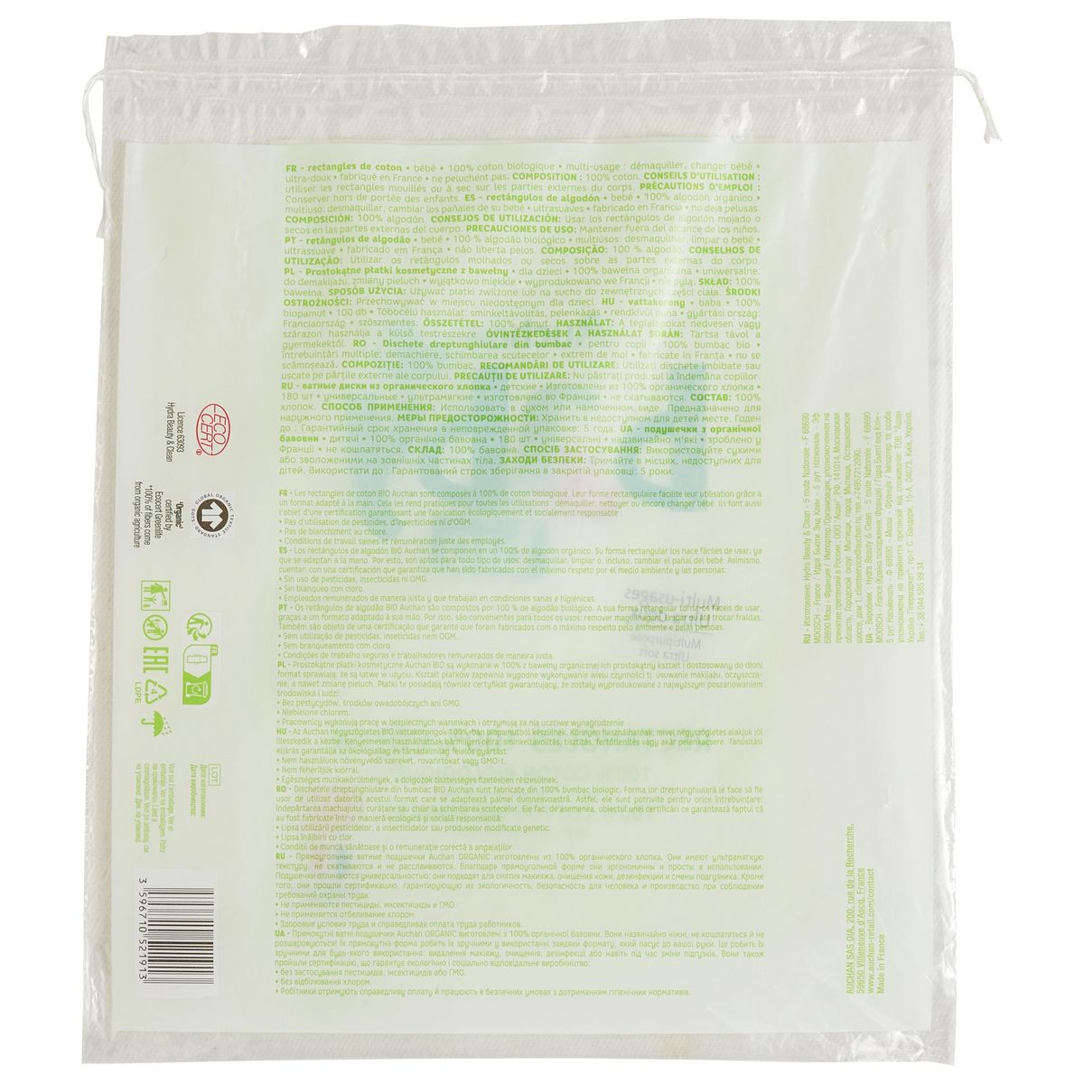AUCHAN BABY BIO Rectangles de coton multi-usages ultra doux 180 cotons