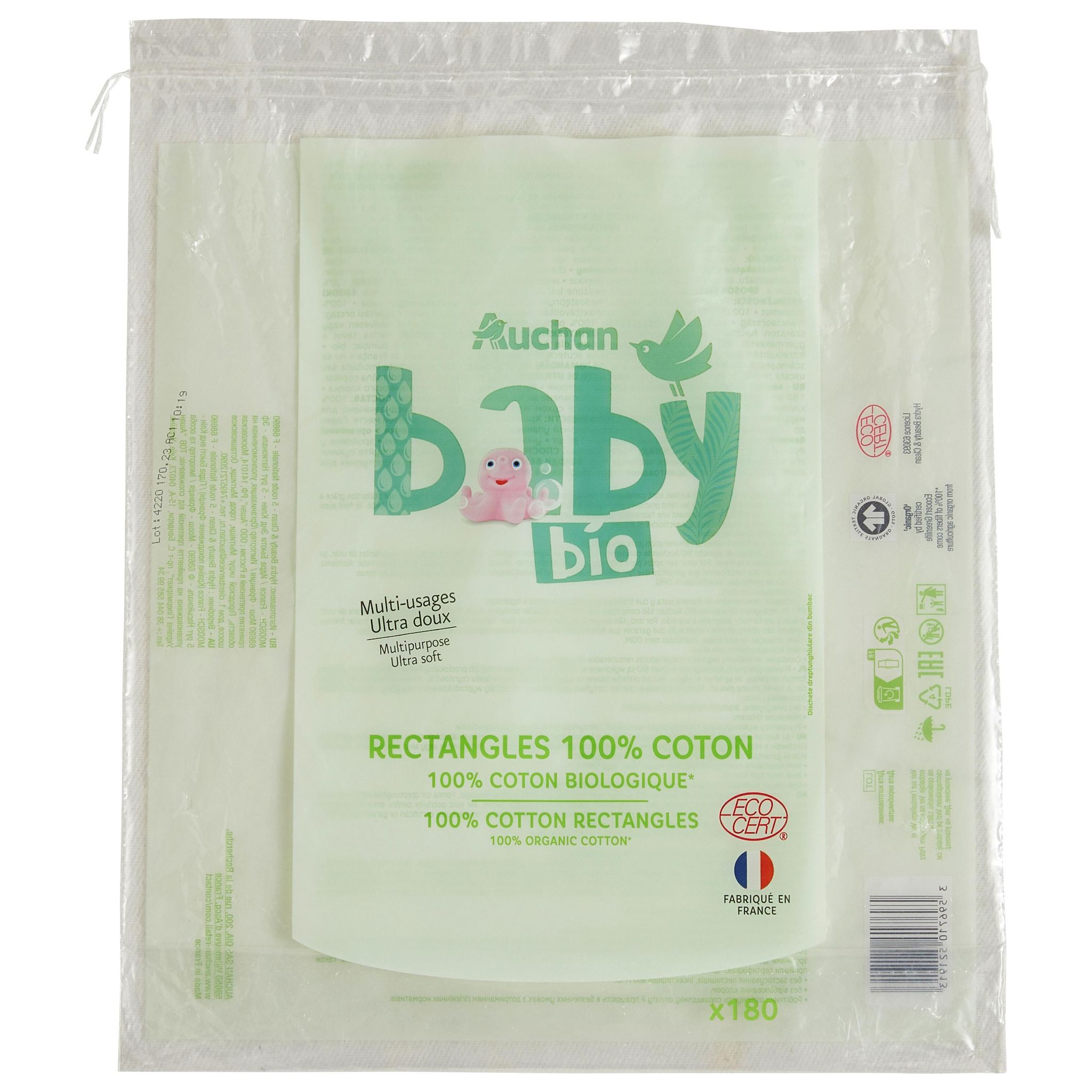 Voir la diapositive 3 : AUCHAN BABY BIO Rectangles de coton multi-usages ultra doux 180 cotons