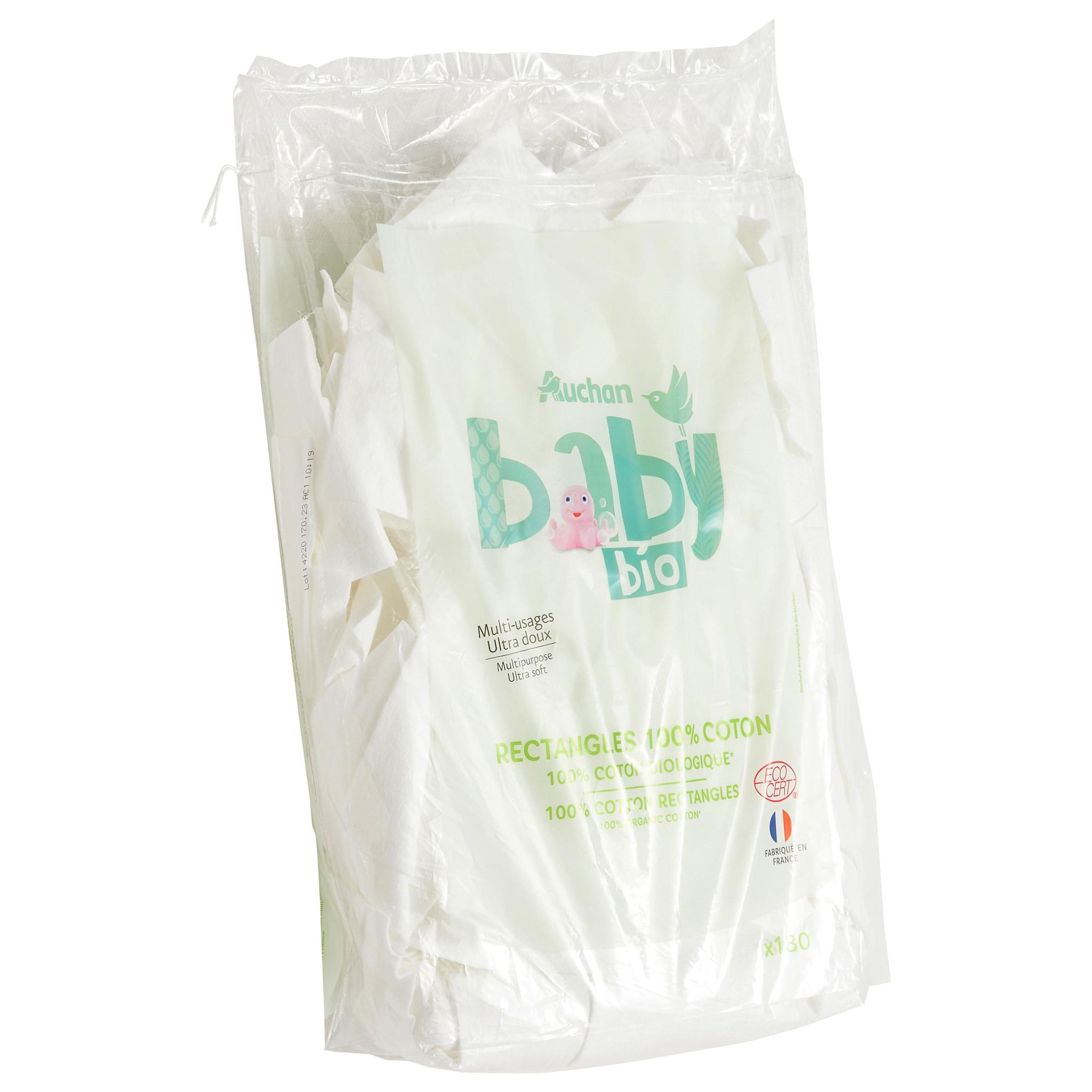 Voir la diapositive 4 : AUCHAN BABY BIO Rectangles de coton multi-usages ultra doux 180 cotons