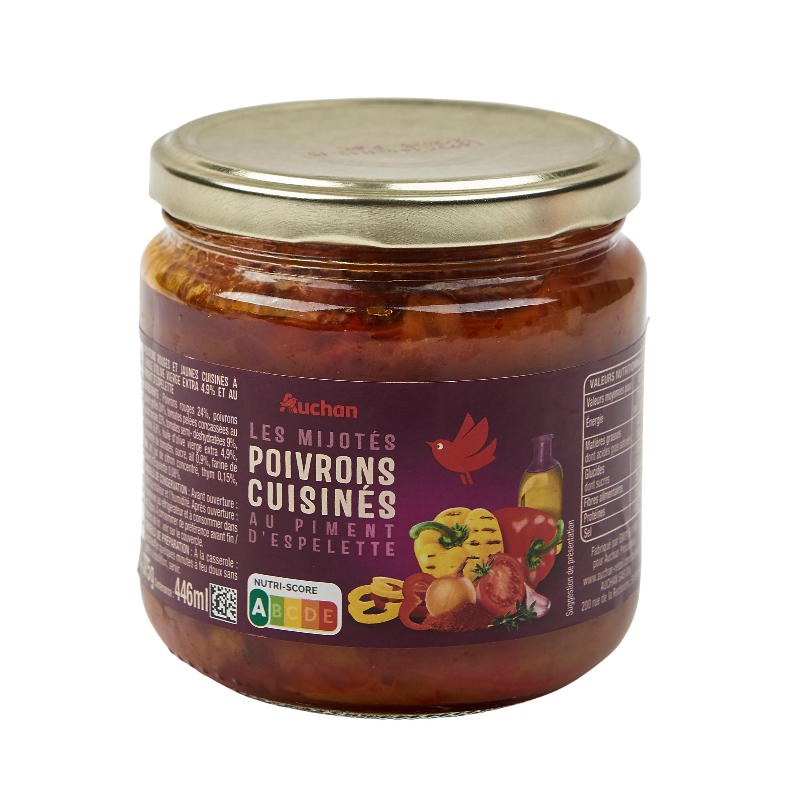 Voir la diapositive 2 : AUCHAN Poivrons cuisinés au piment d'Espelette Les Mijotés en bocal 375g