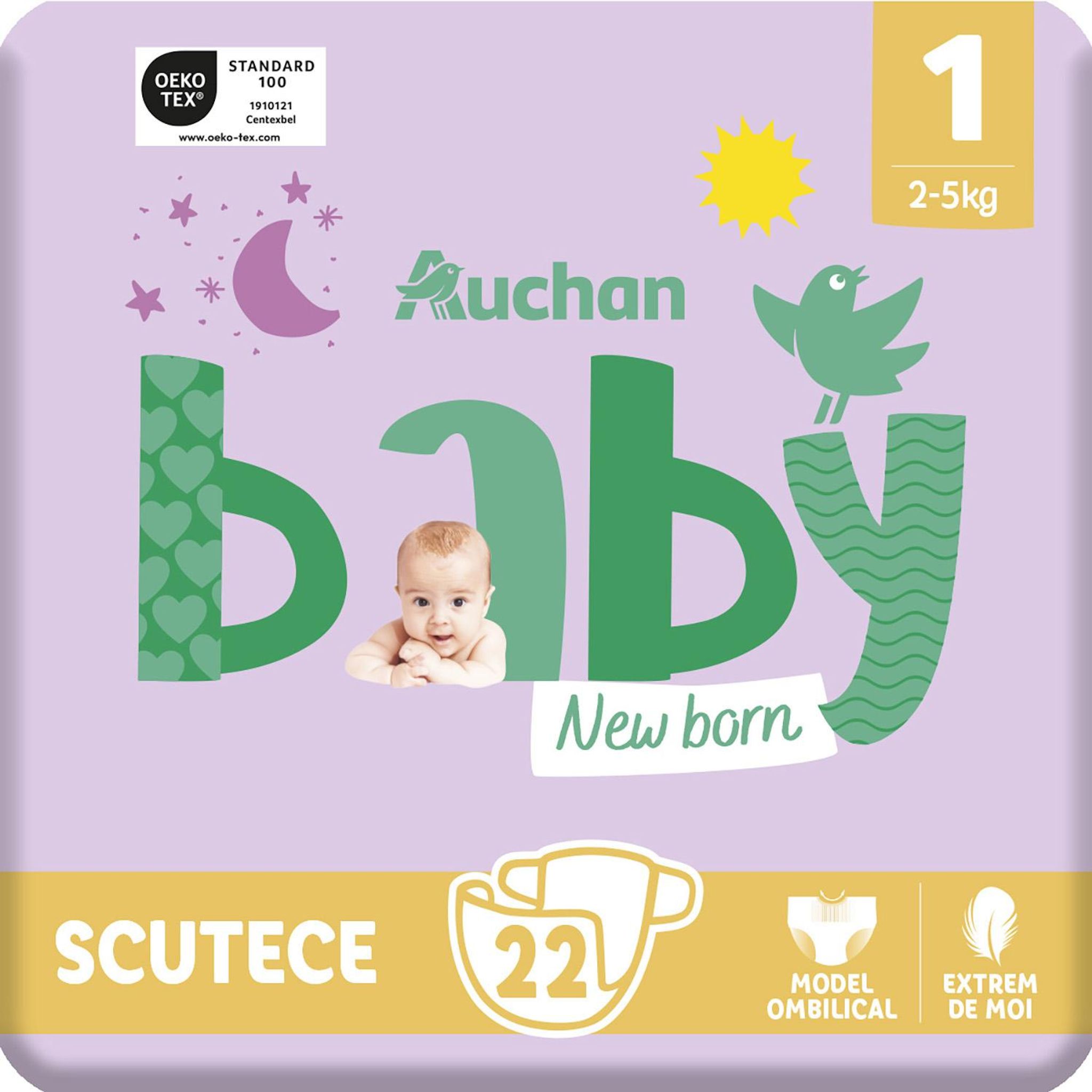 Voir la diapositive 3 : AUCHAN BABY Couches nouveau né taille 1 (2-5 kg) 22 couches