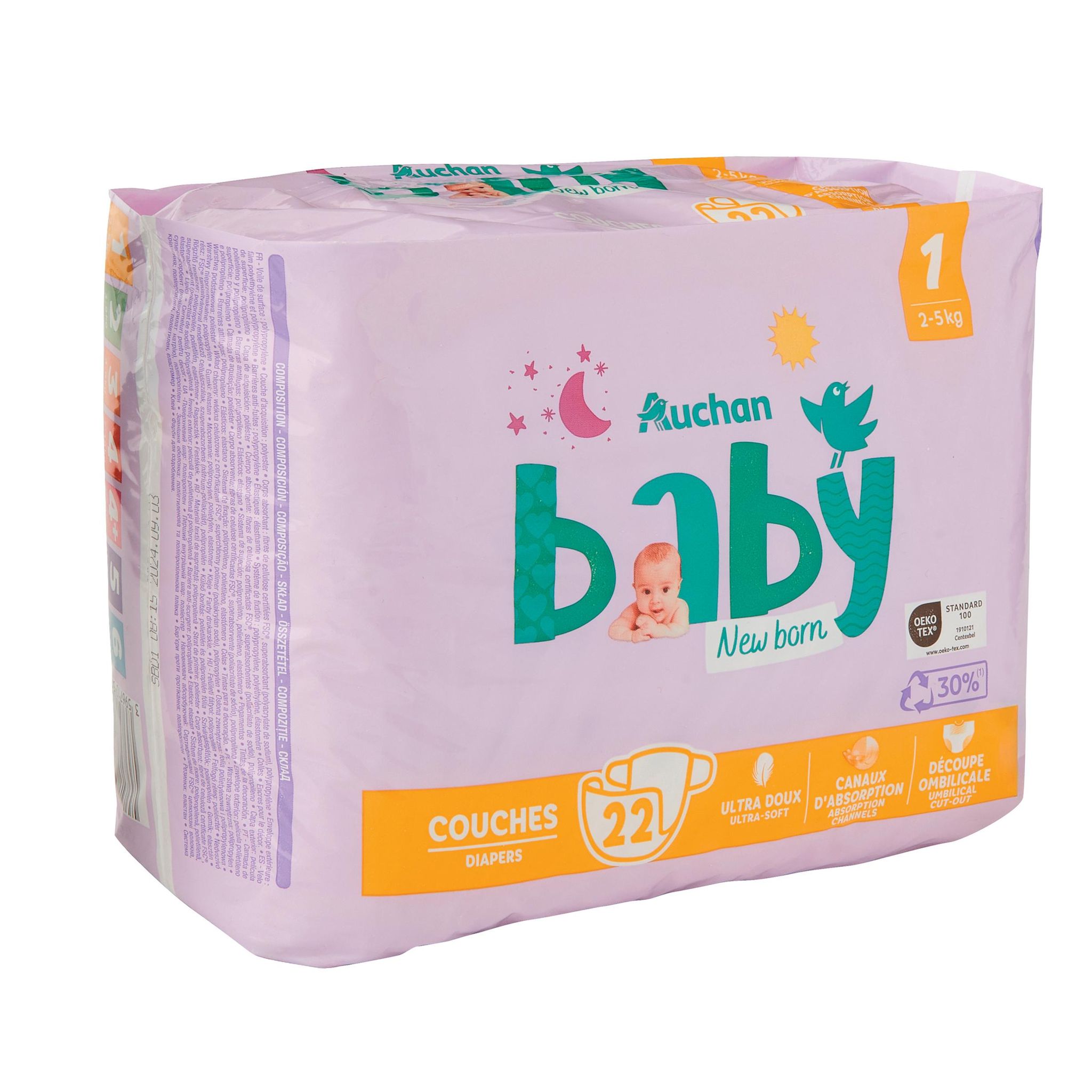 Voir la diapositive 6 : AUCHAN BABY Couches nouveau né taille 1 (2-5 kg) 22 couches