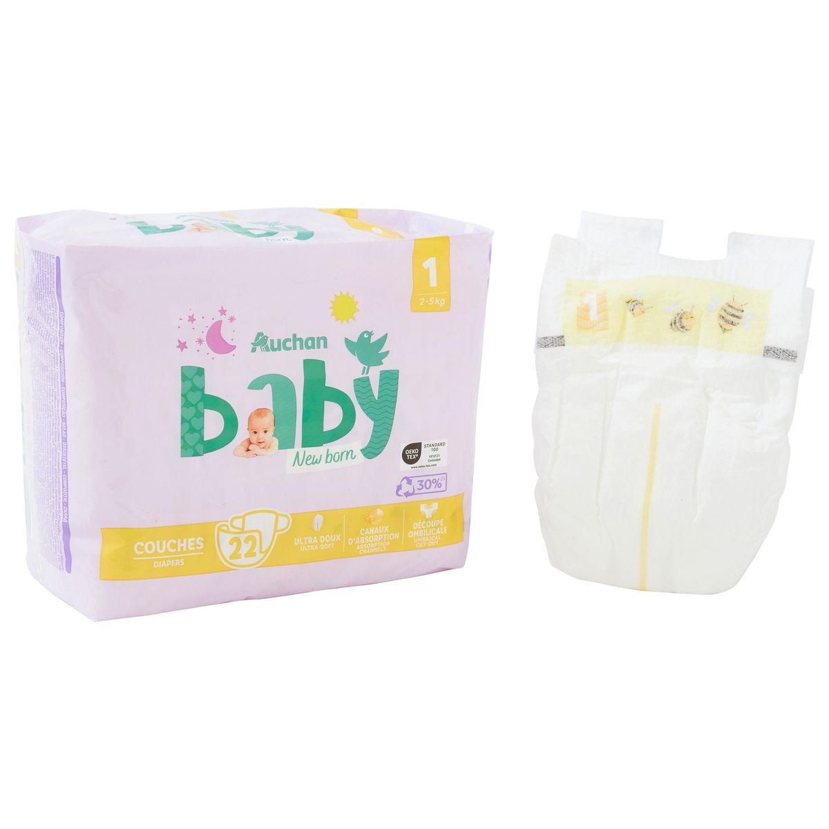 AUCHAN BABY Couches nouveau né taille 1 (2-5 kg) 22 couches