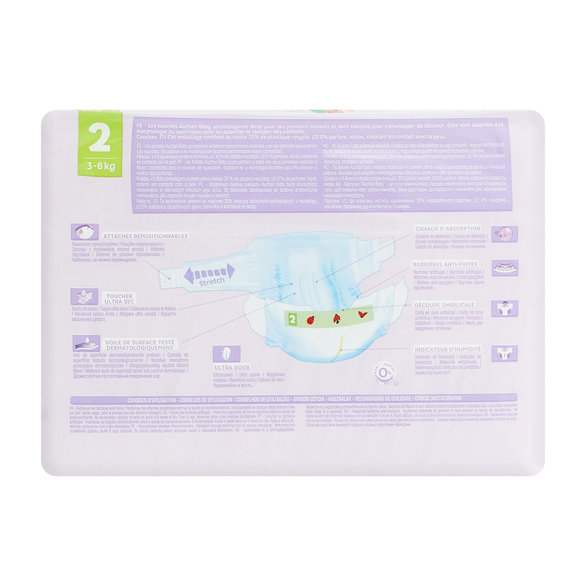 Voir la diapositive 4 : AUCHAN BABY Couches taille 2 (3-6kg) 36 couches