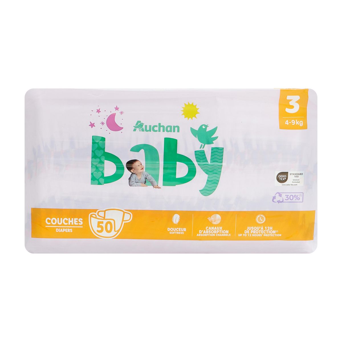 AUCHAN BABY Couches taille 3 (4-9kg) 50 couches