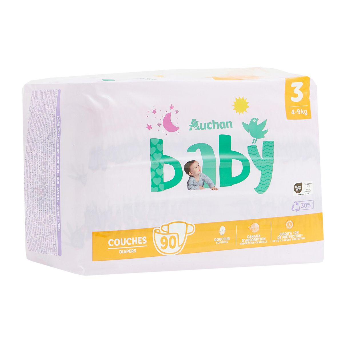 AUCHAN BABY Couches taille 3 (4-9kg) 90 couches