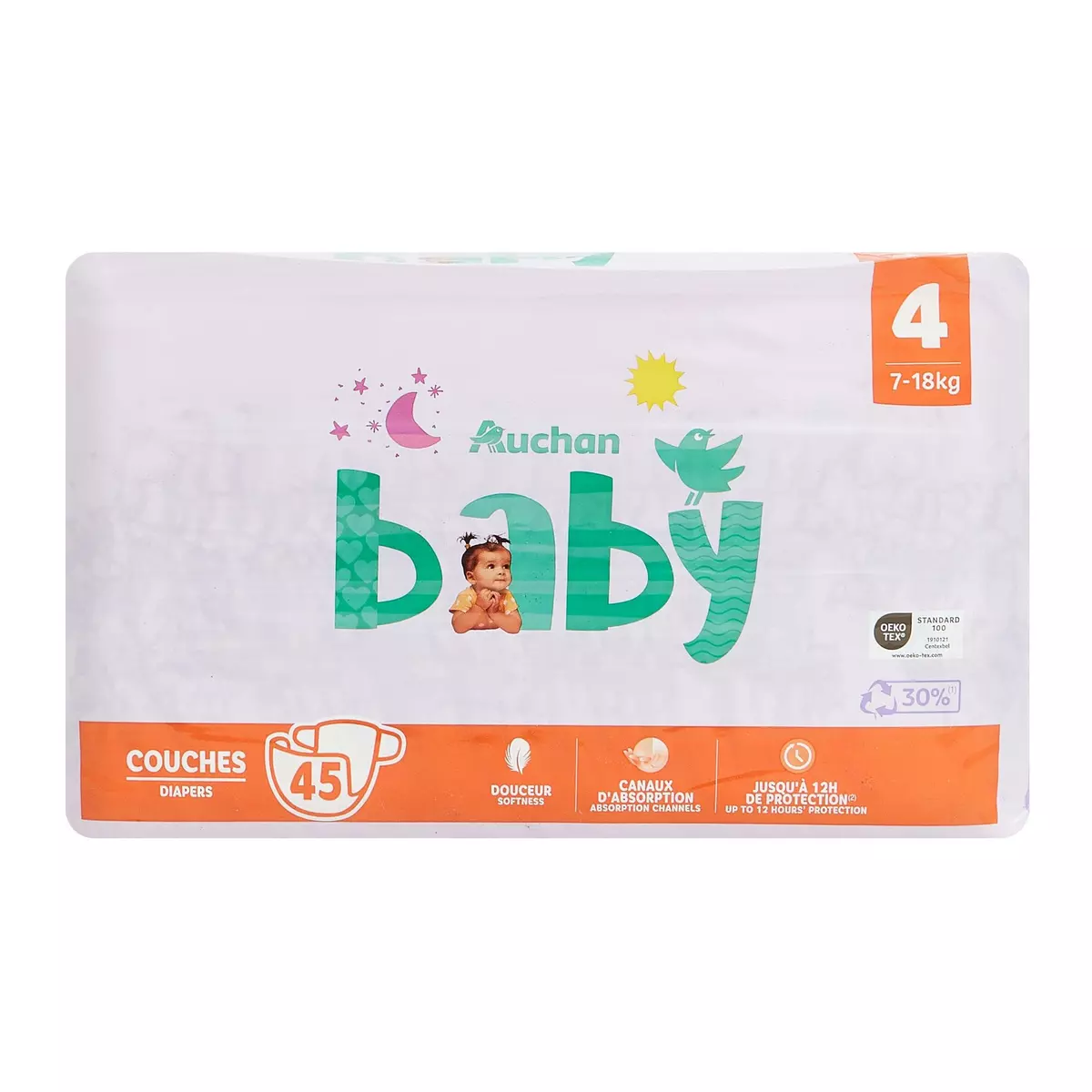 AUCHAN BABY Couches taille 4 (7-18kg) 45 couches